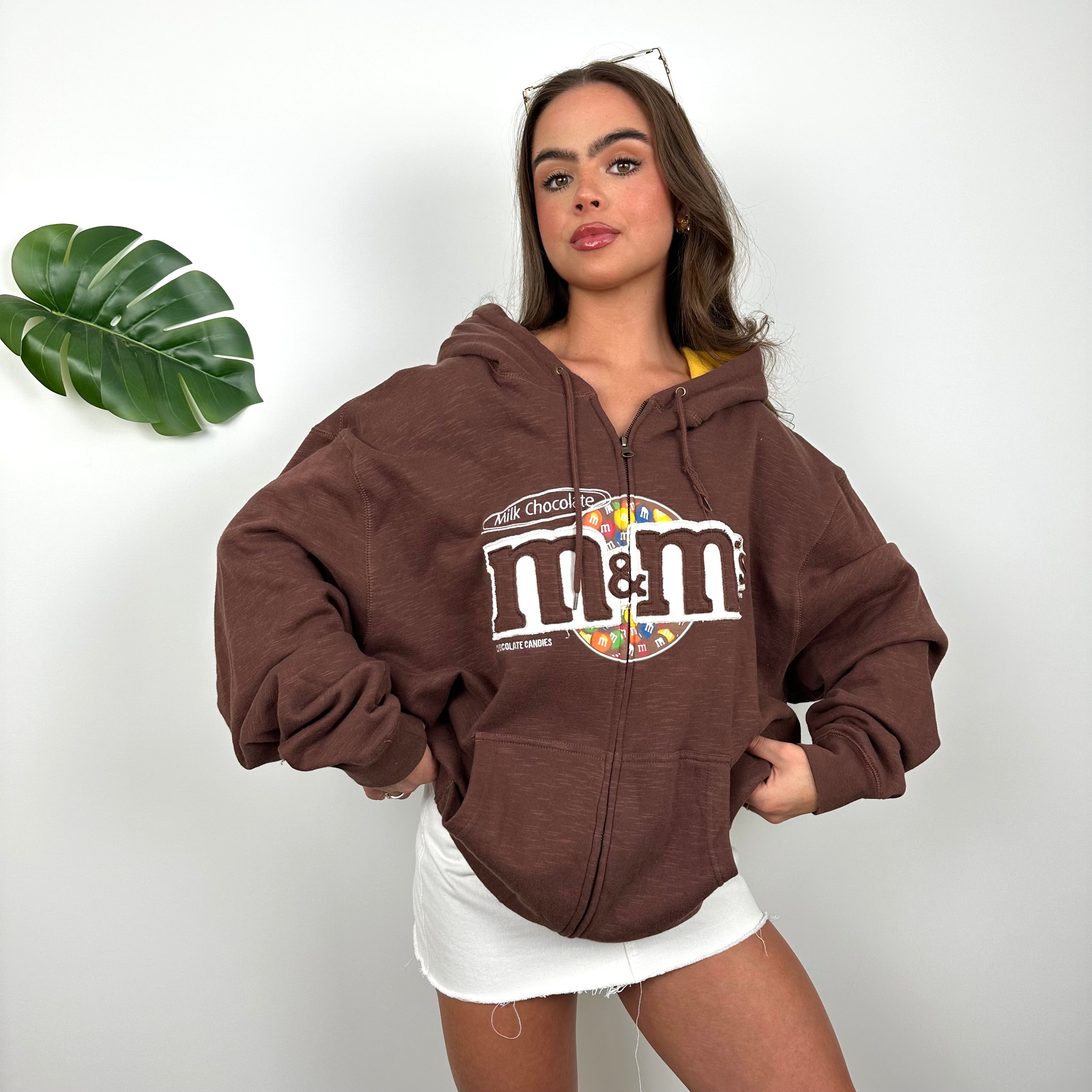 M&M’s Chocolate Brown Embroidered Spell Out Zip Up Hoodie Jacket (XL)