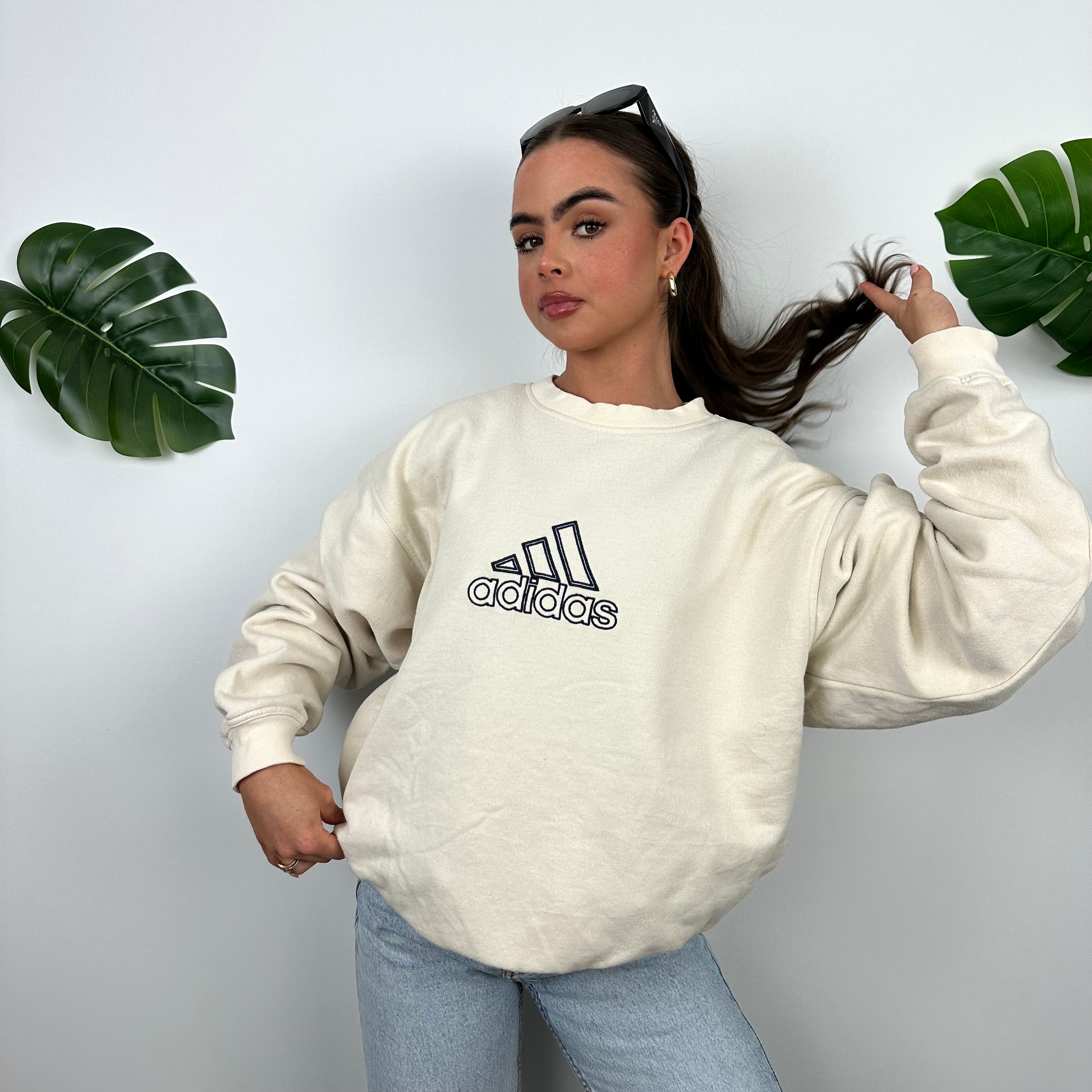 Adidas Cream Embroidered Spell Out Sweatshirt (XL)