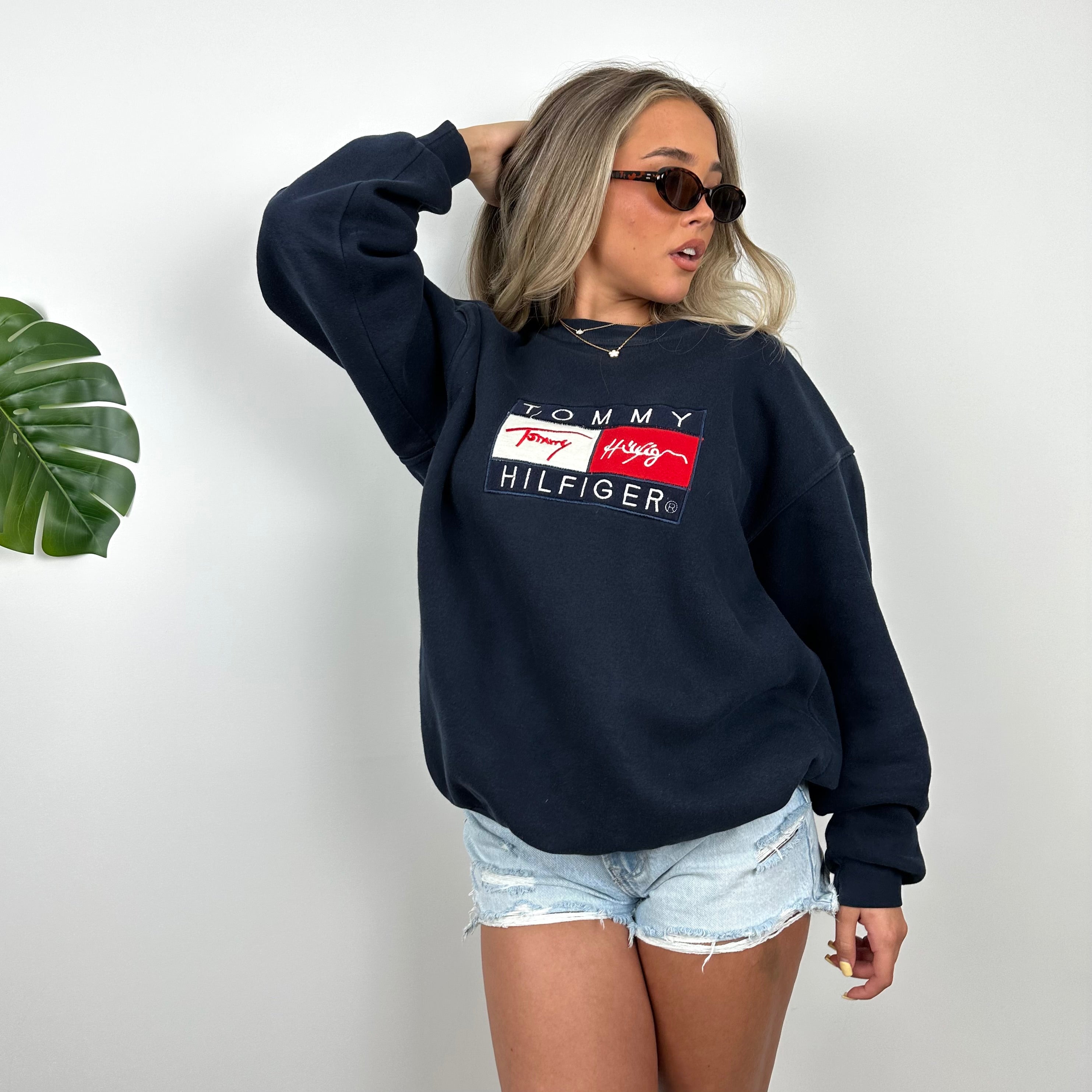 Tommy Hilfiger RARE Navy Embroidered Spell Out Sweatshirt (L)