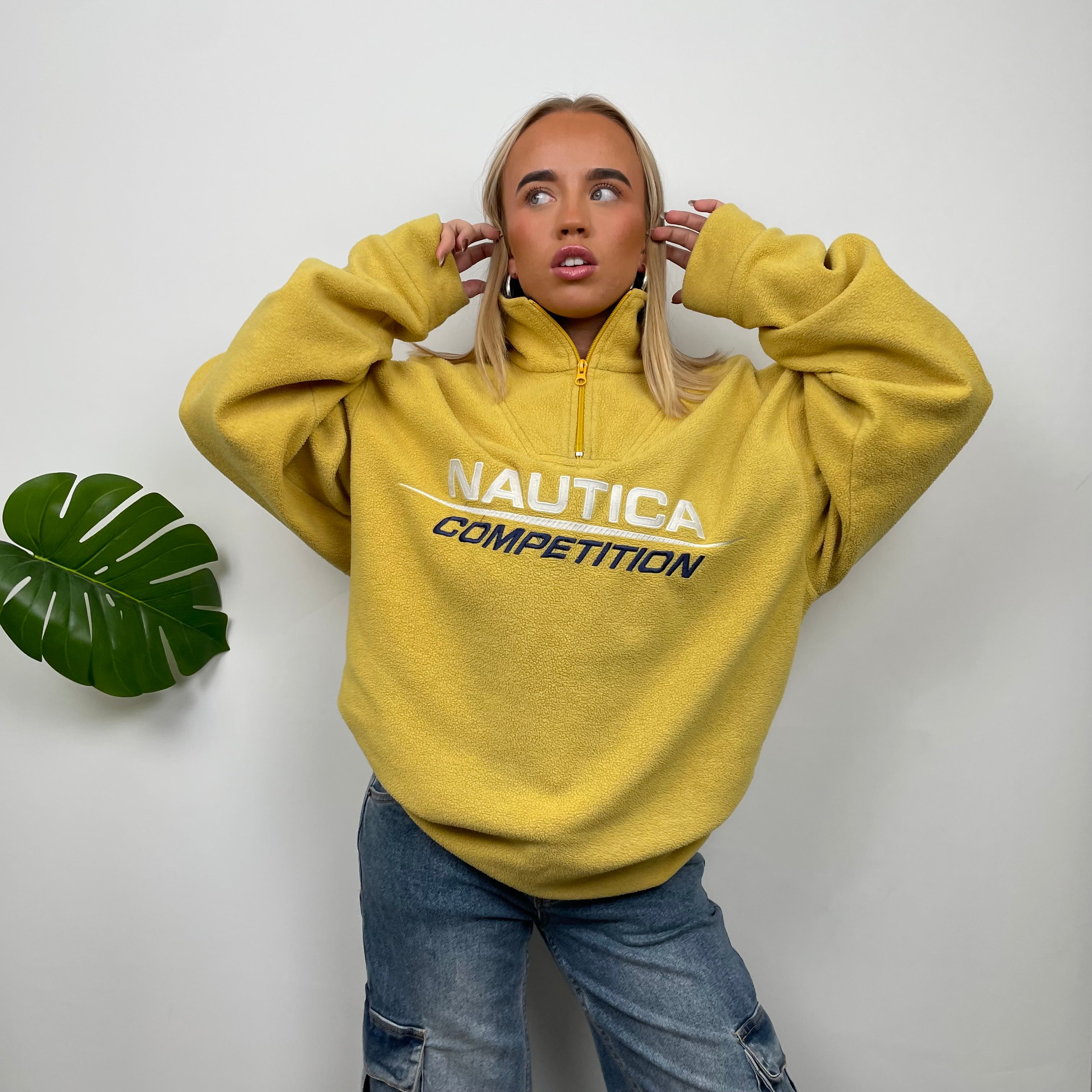 Nautica Yellow Embroidered Spell Out Teddy Bear Fleece Quarter Zip Sweatshirt (XL)