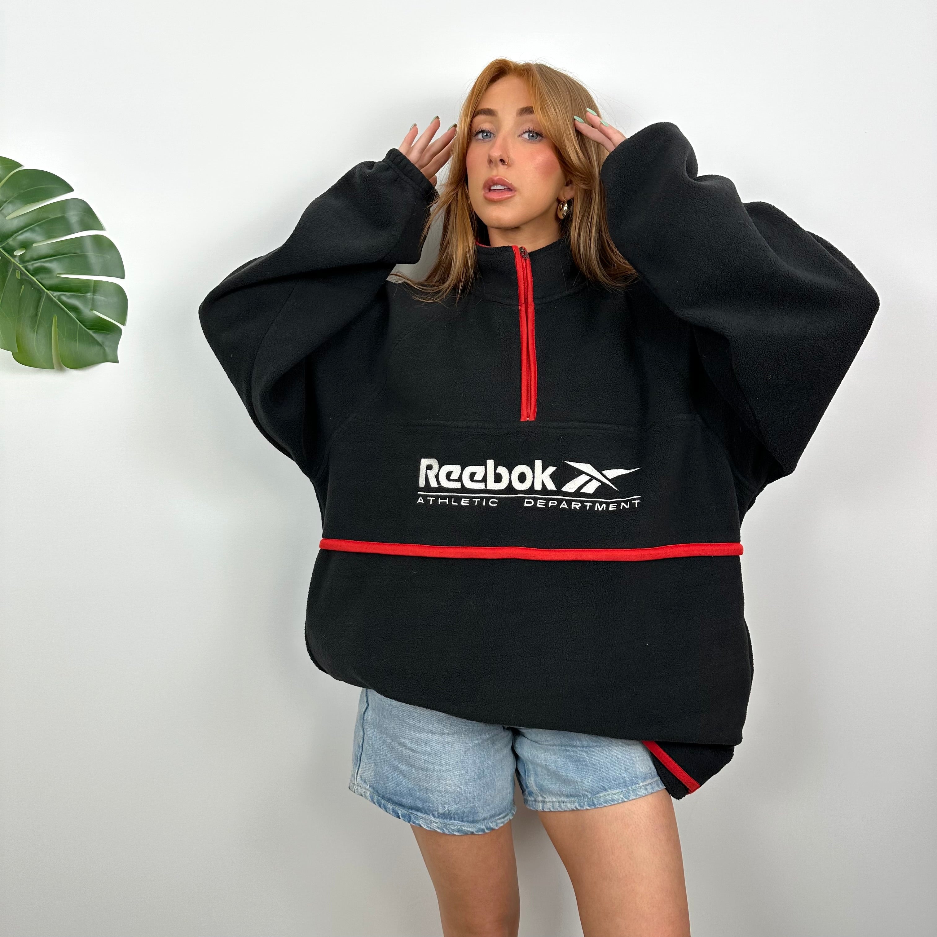 Reebok RARE Black Embroidered Spell Out Teddy Bear Fleece Quarter Zip Sweatshirt (L)