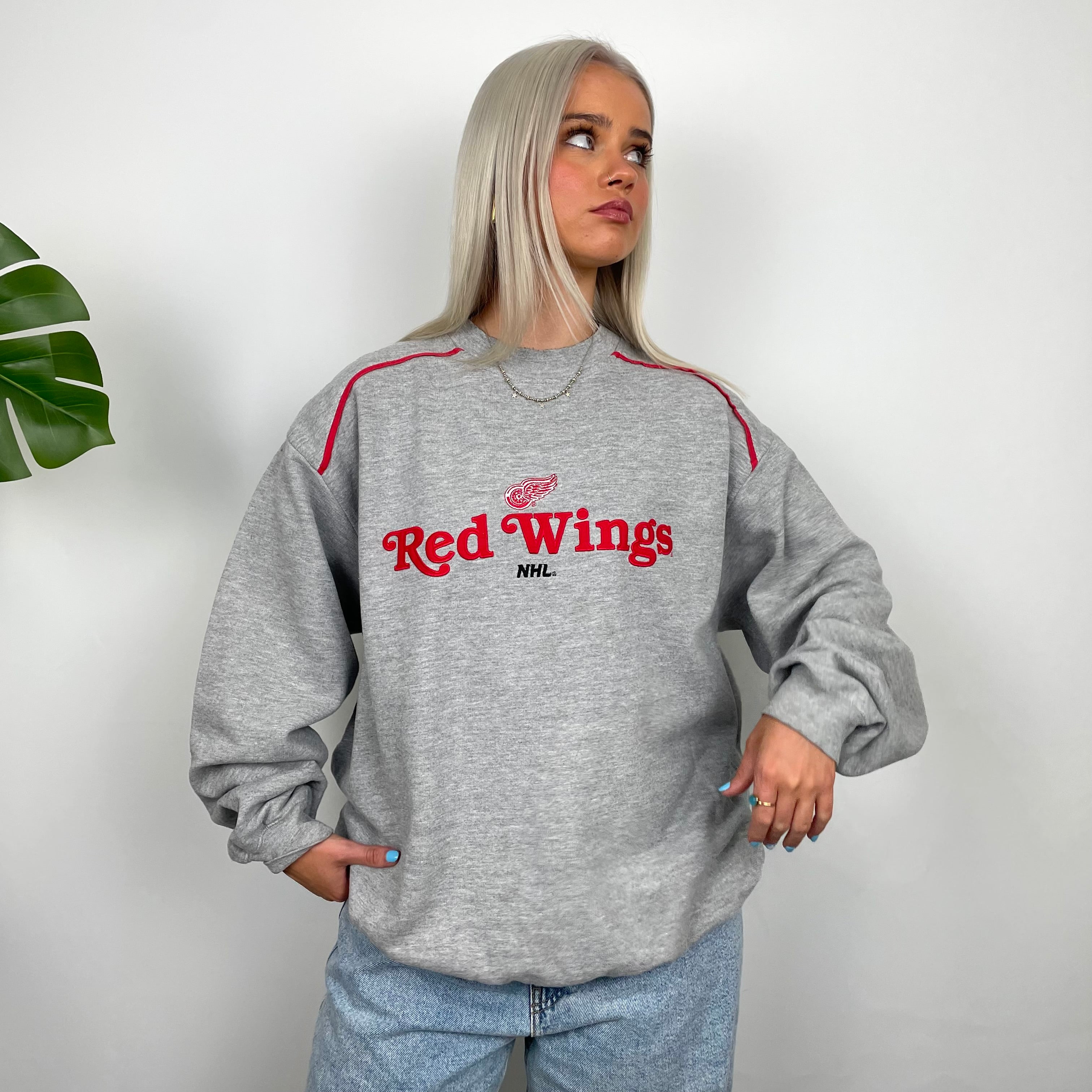 Red Wings NHL Grey Embroidered Spell Out sweatshirt (L)