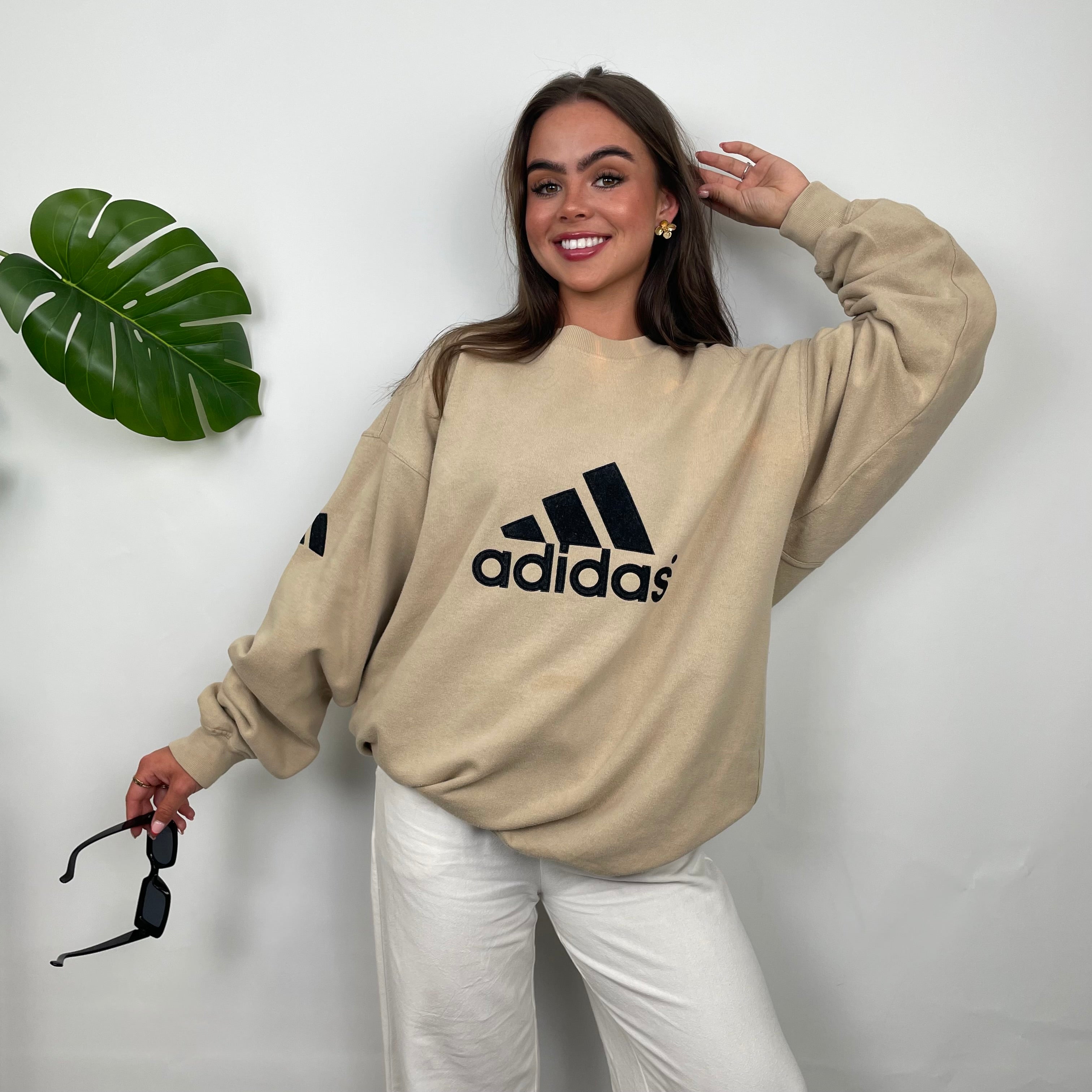 Adidas Beige Embroidered Spell Out Sweatshirt (XL)