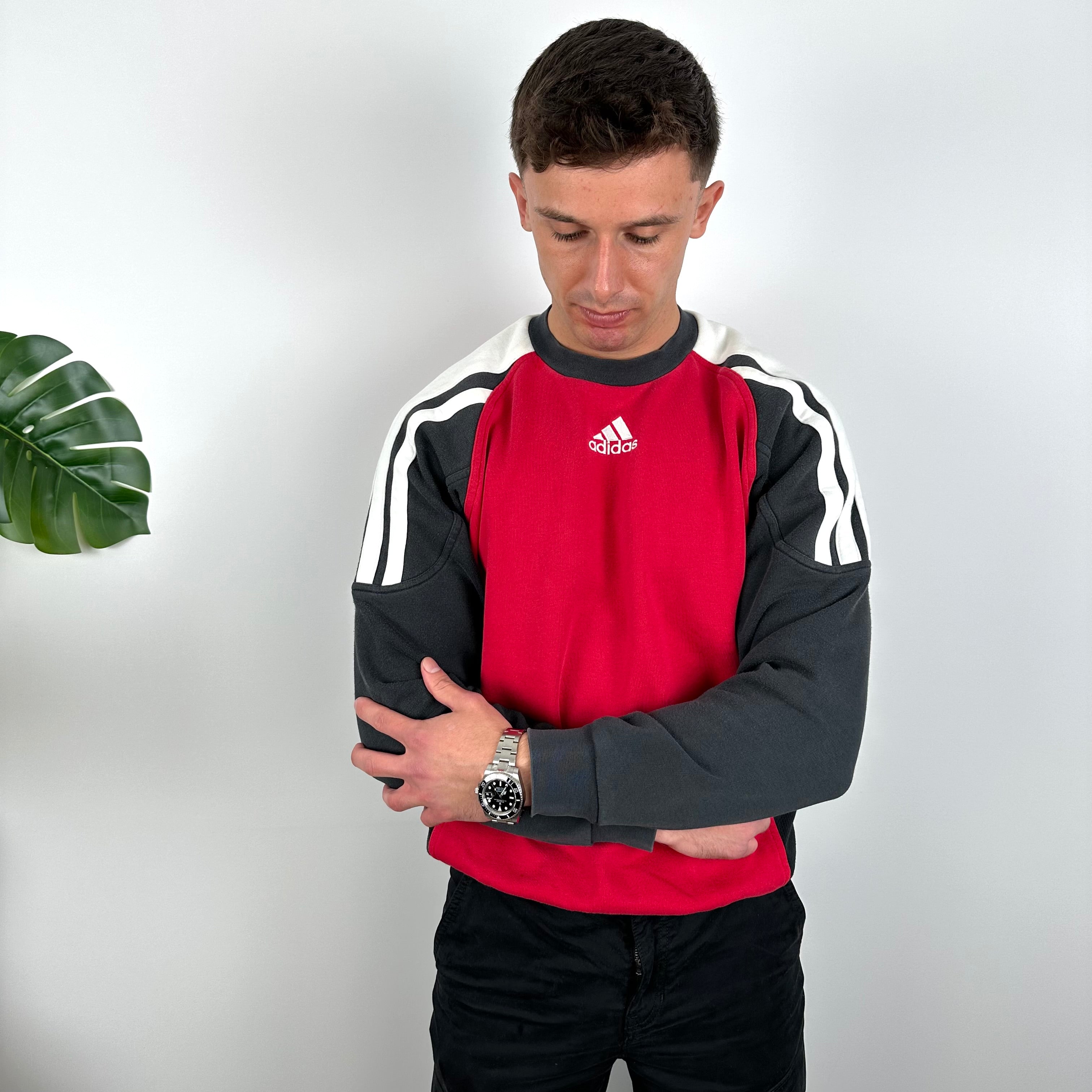 Adidas Red & Black Embroidered Spell Out Colour Block Sweatshirt (L)