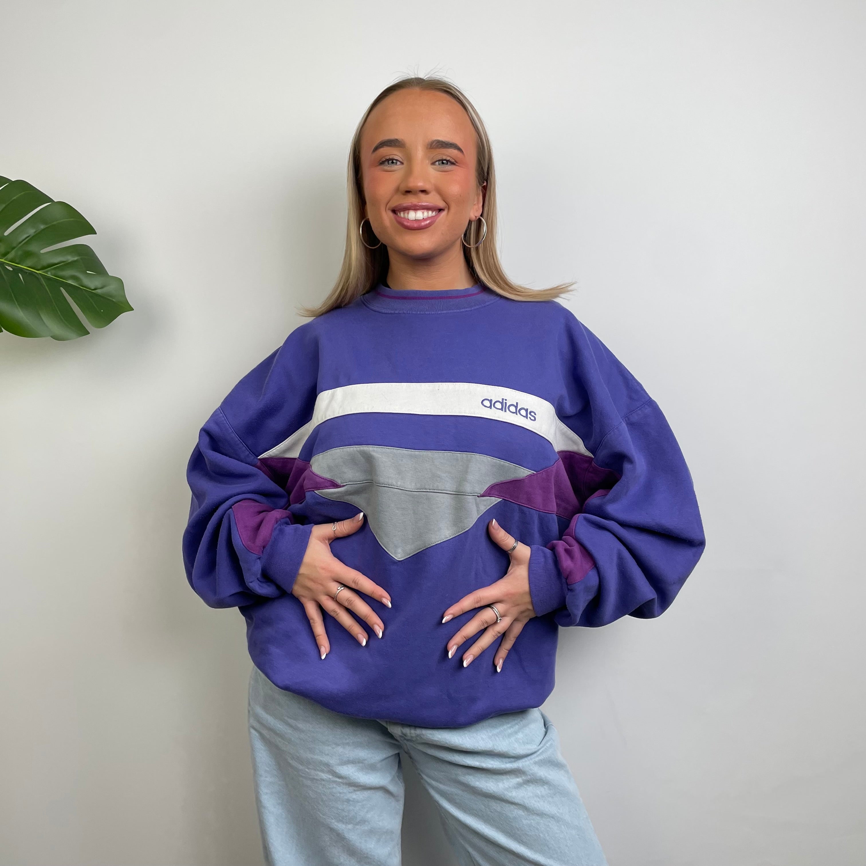 Adidas Blue Colour Block Embroidered Spell Out Sweatshirt (L)