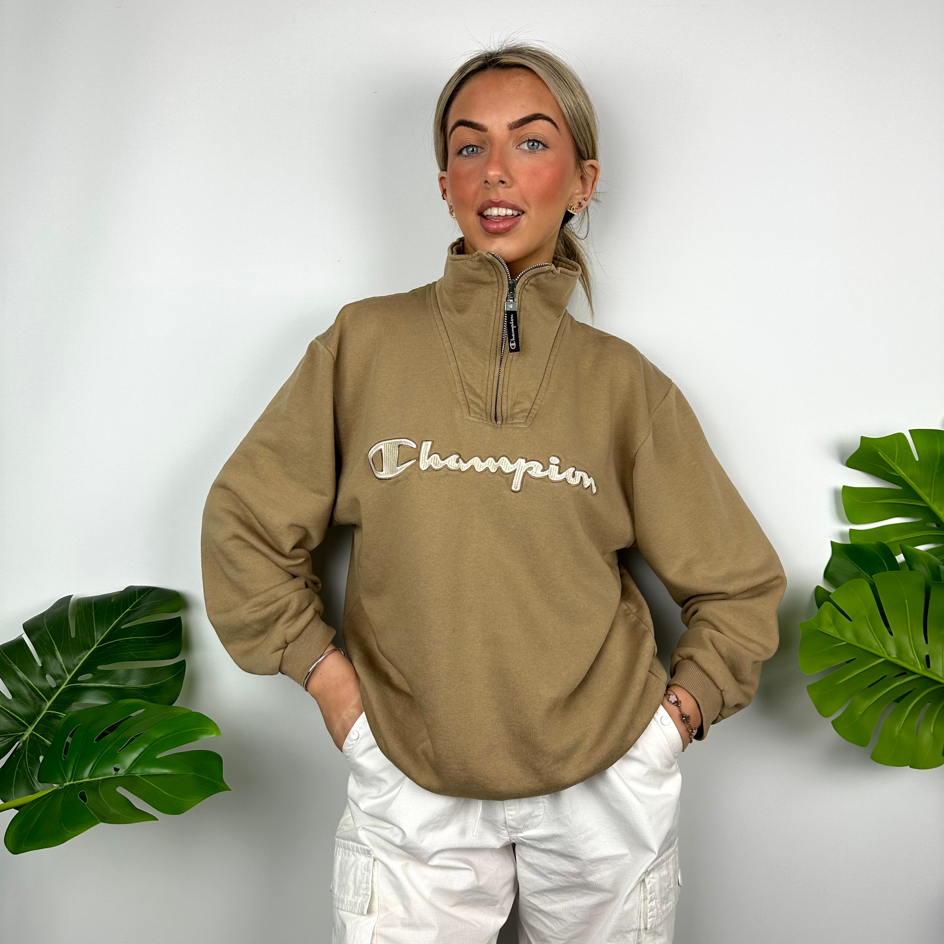 Champion Tan Embroidered Spell Out Quarter Zip Sweatshirt (M)