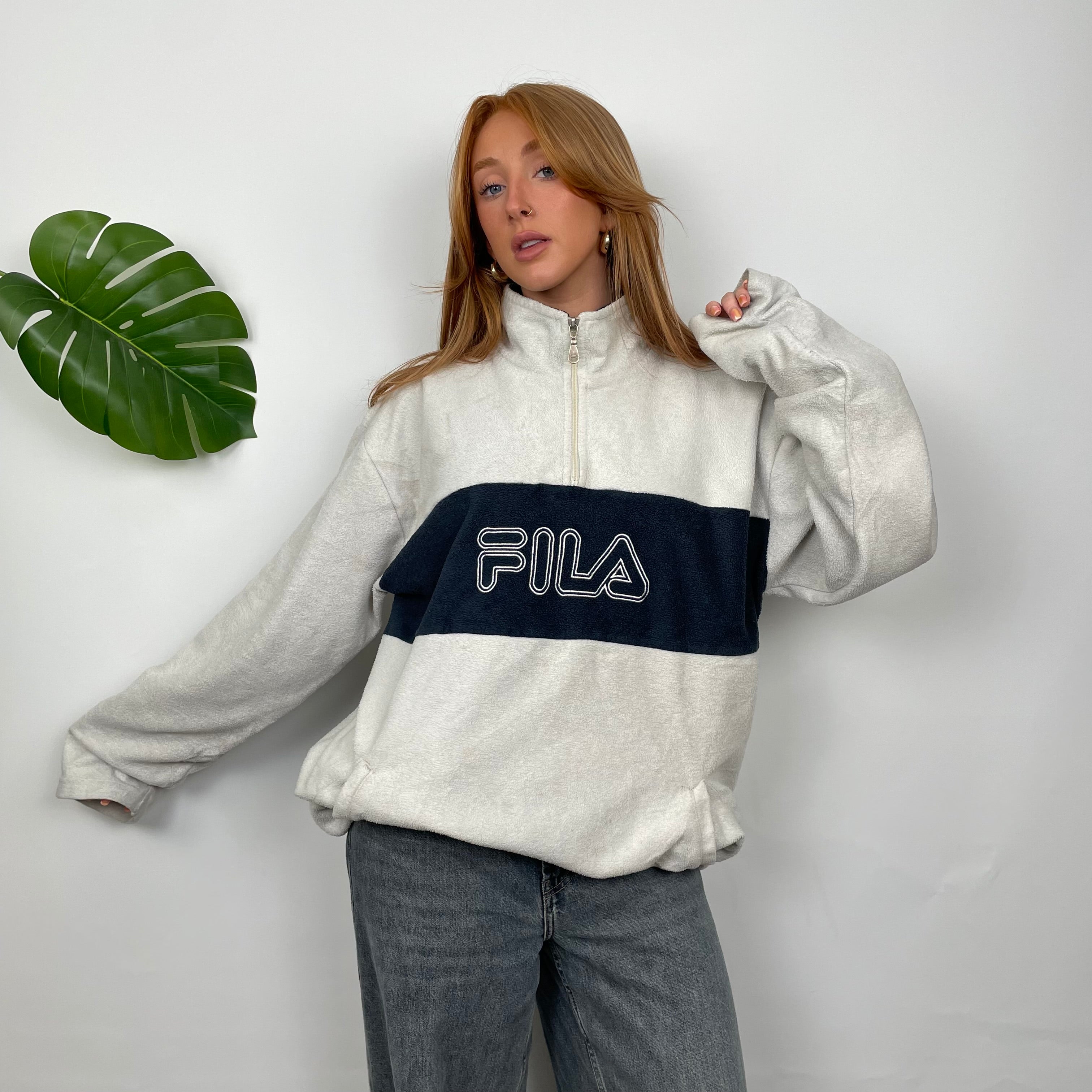 FILA White Embroidered Spell Out Teddy Bear Fleece Quarter Zip Sweatshirt (L)