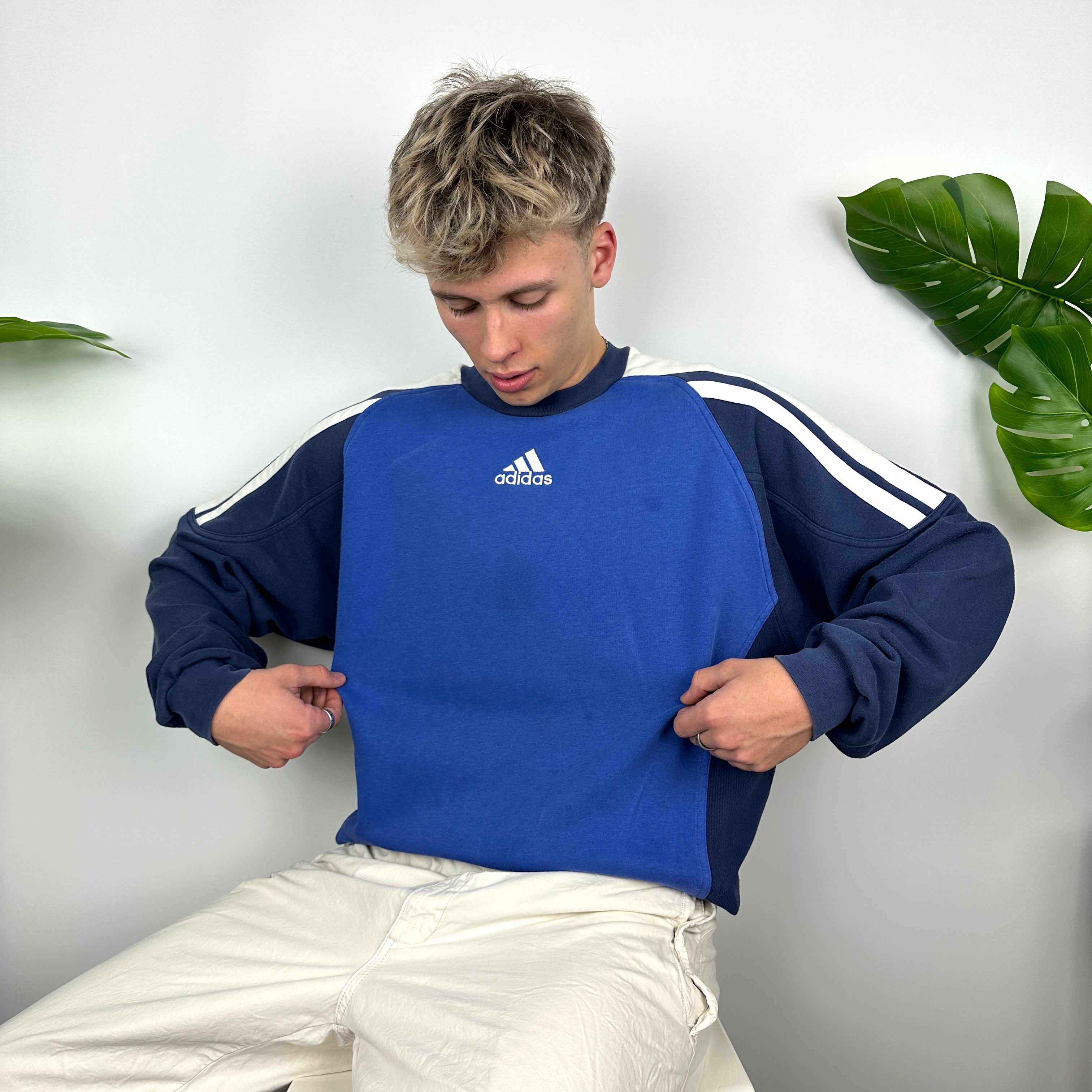 Adidas Blue Embroidered Spell Out Sweatshirt (XL)