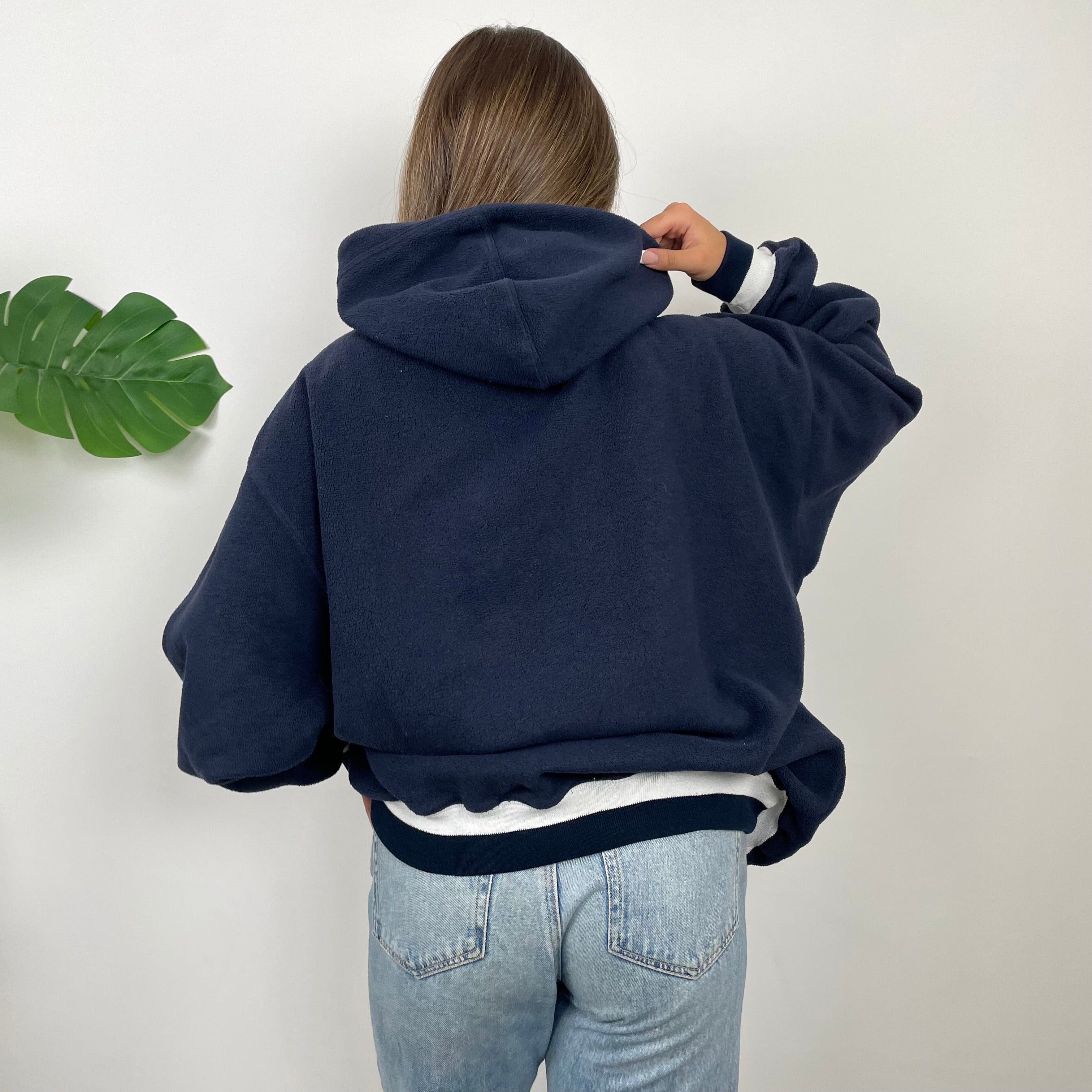 Reebok RARE Navy Embroidered Spell Out Teddy Bear Sherpa Fleece Hoodie (L)