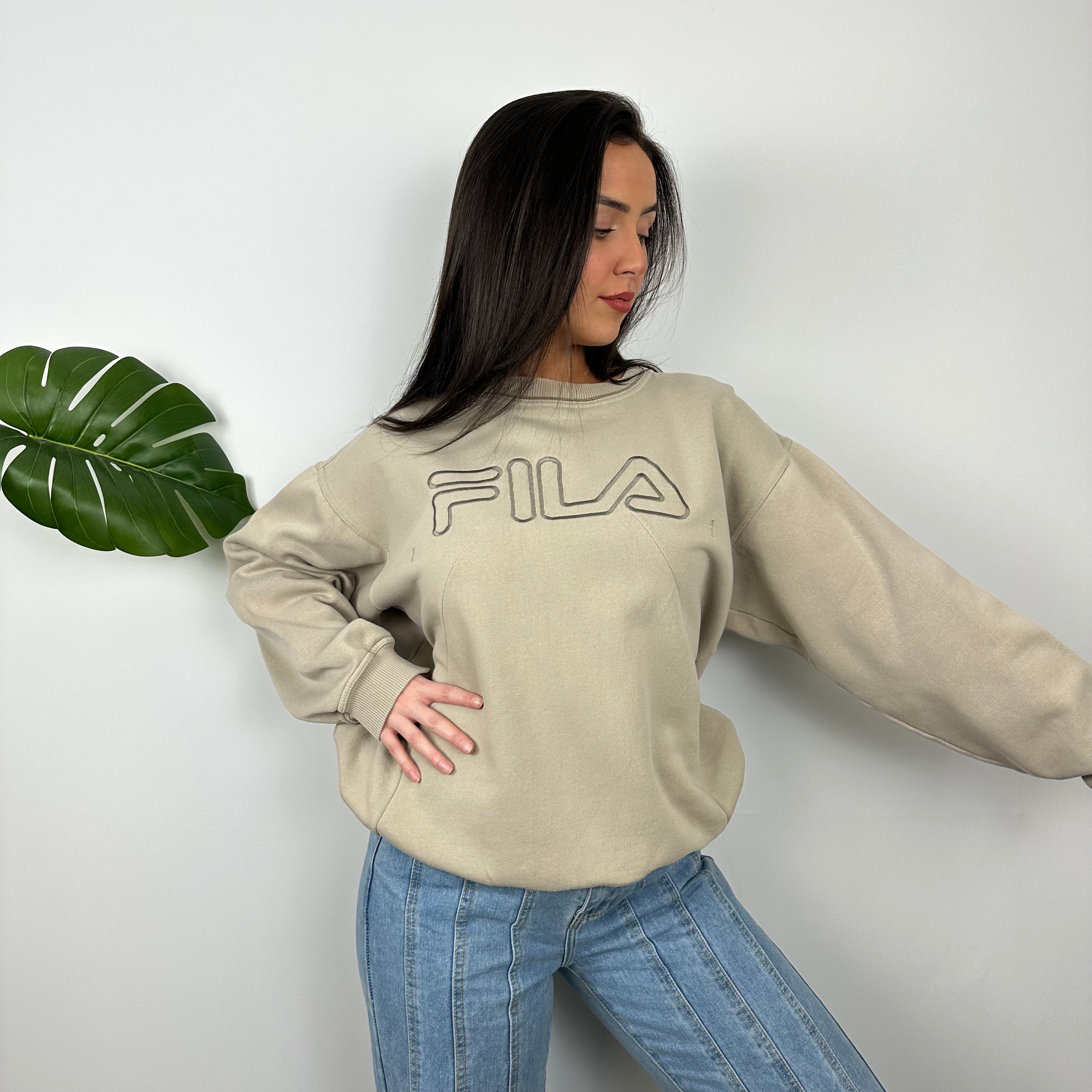 FILA Cream Embroidered Spell Out Sweatshirt (L)