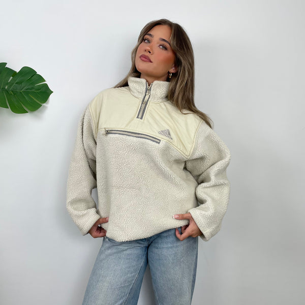 Adidas Cream Embroidered Spell Out Teddy Bear Sherpa Fleece Quarter Zip Sweatshirt (L)