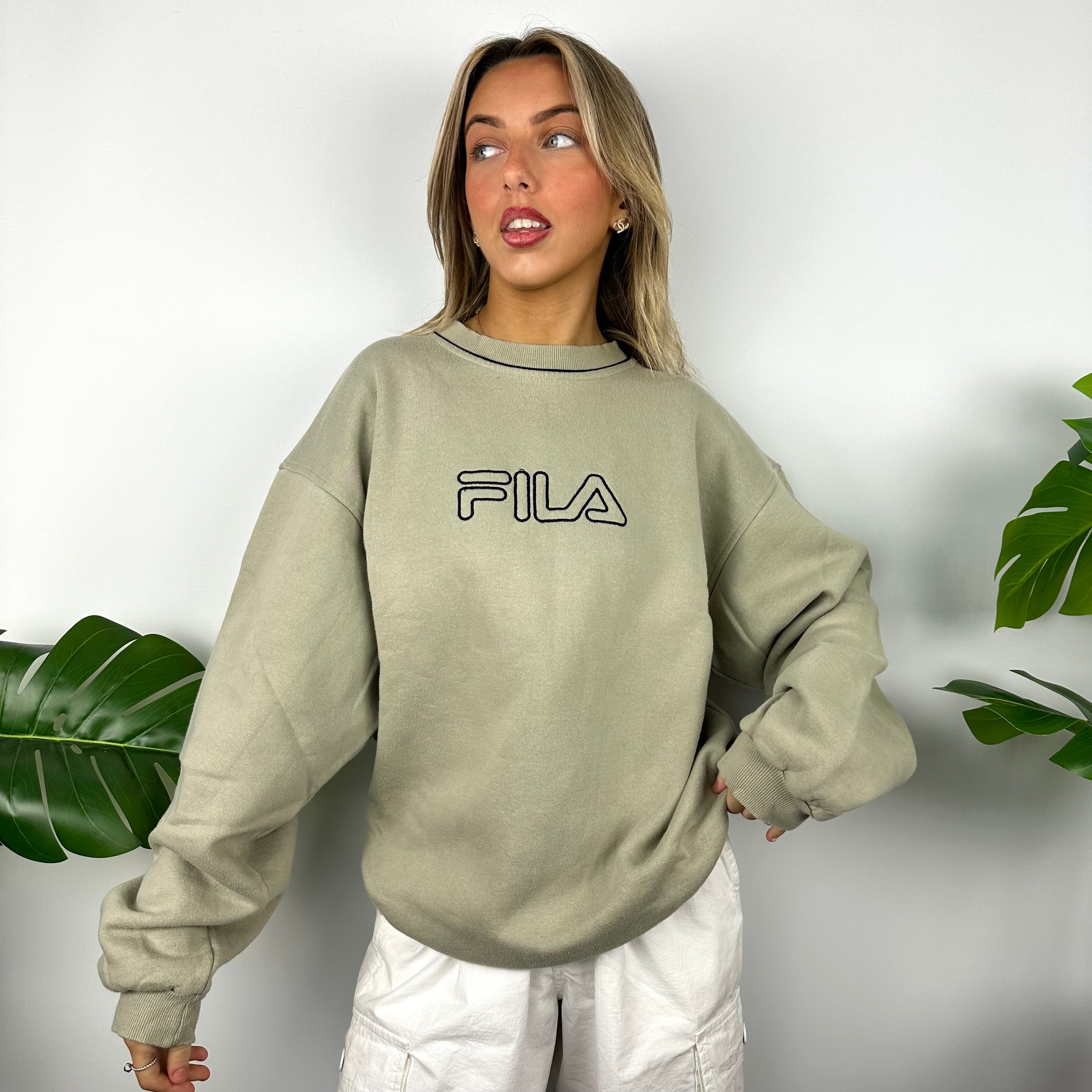 FILA Beige Embroidered Spell Out Sweatshirt (XL)