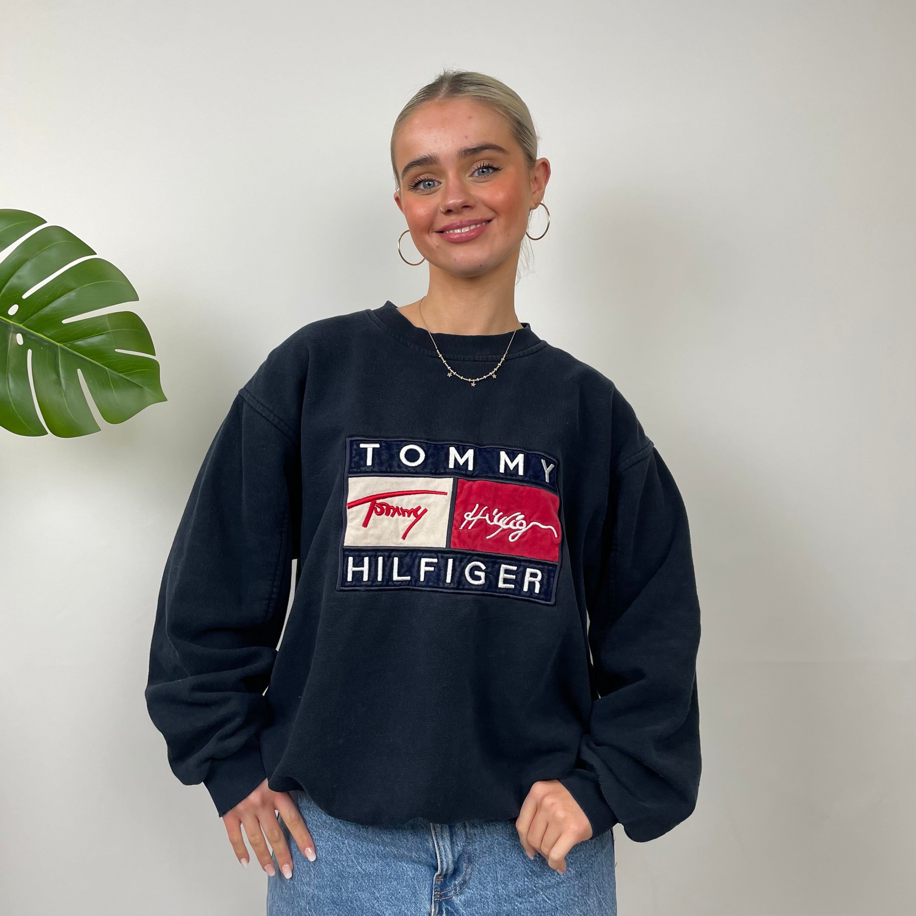 Tommy Hilfiger RARE Navy Embroidered Spell Out Sweatshirt (M)