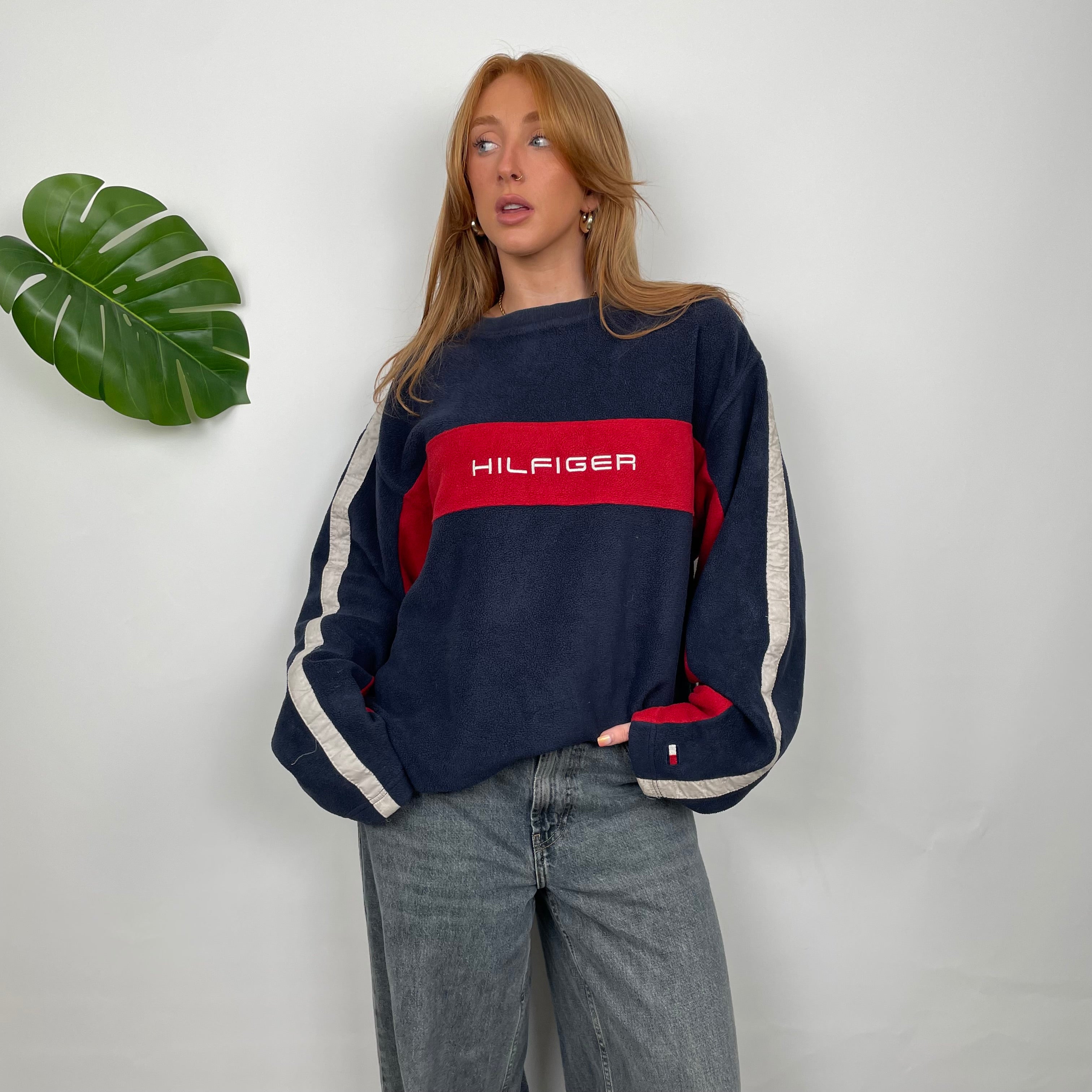 Tommy Hilfiger RARE Navy Embroidered Spell Out Fleece Sweatshirt (M)