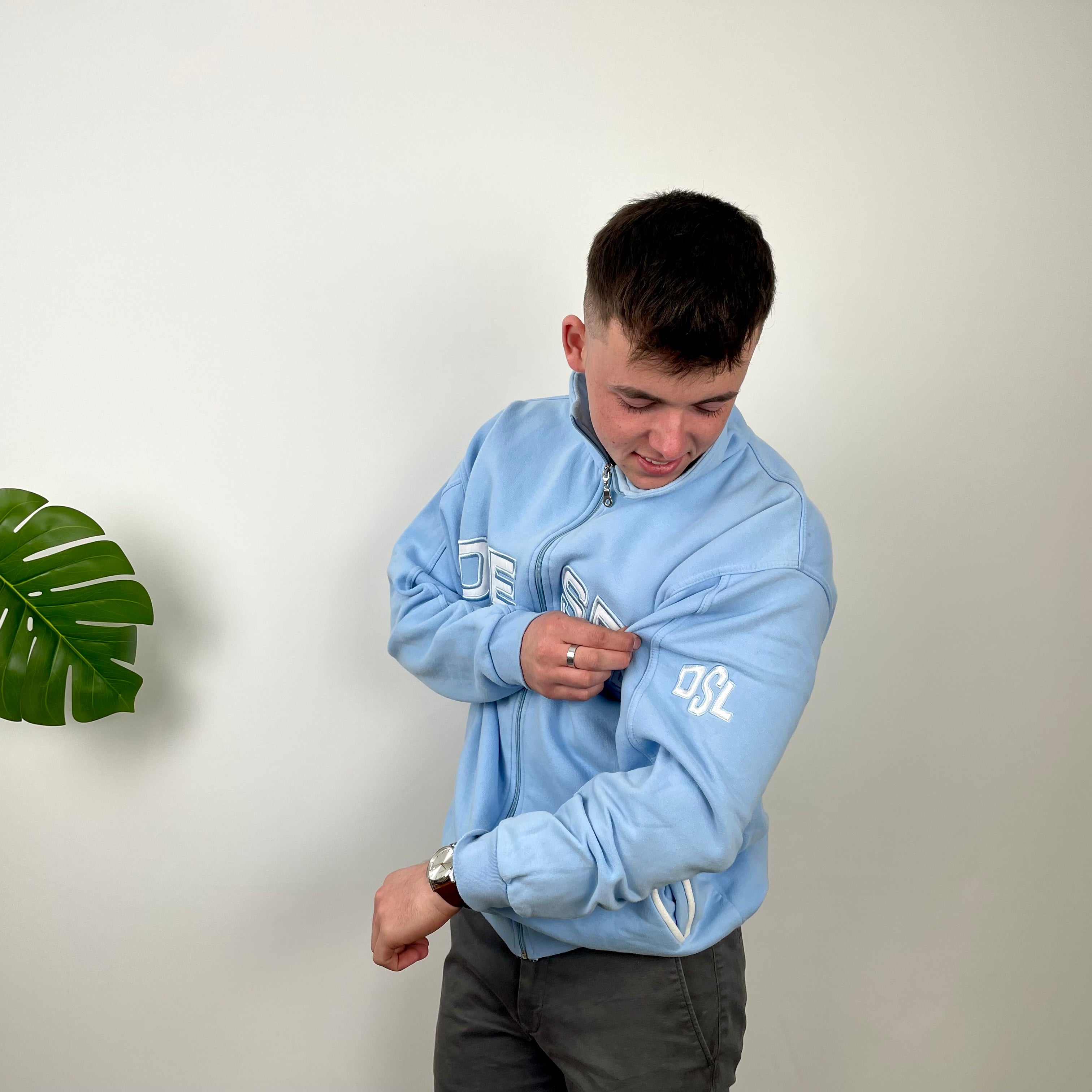 Diesel Baby Blue Embroidered Spell Out Zip Up Hoodie (XL)