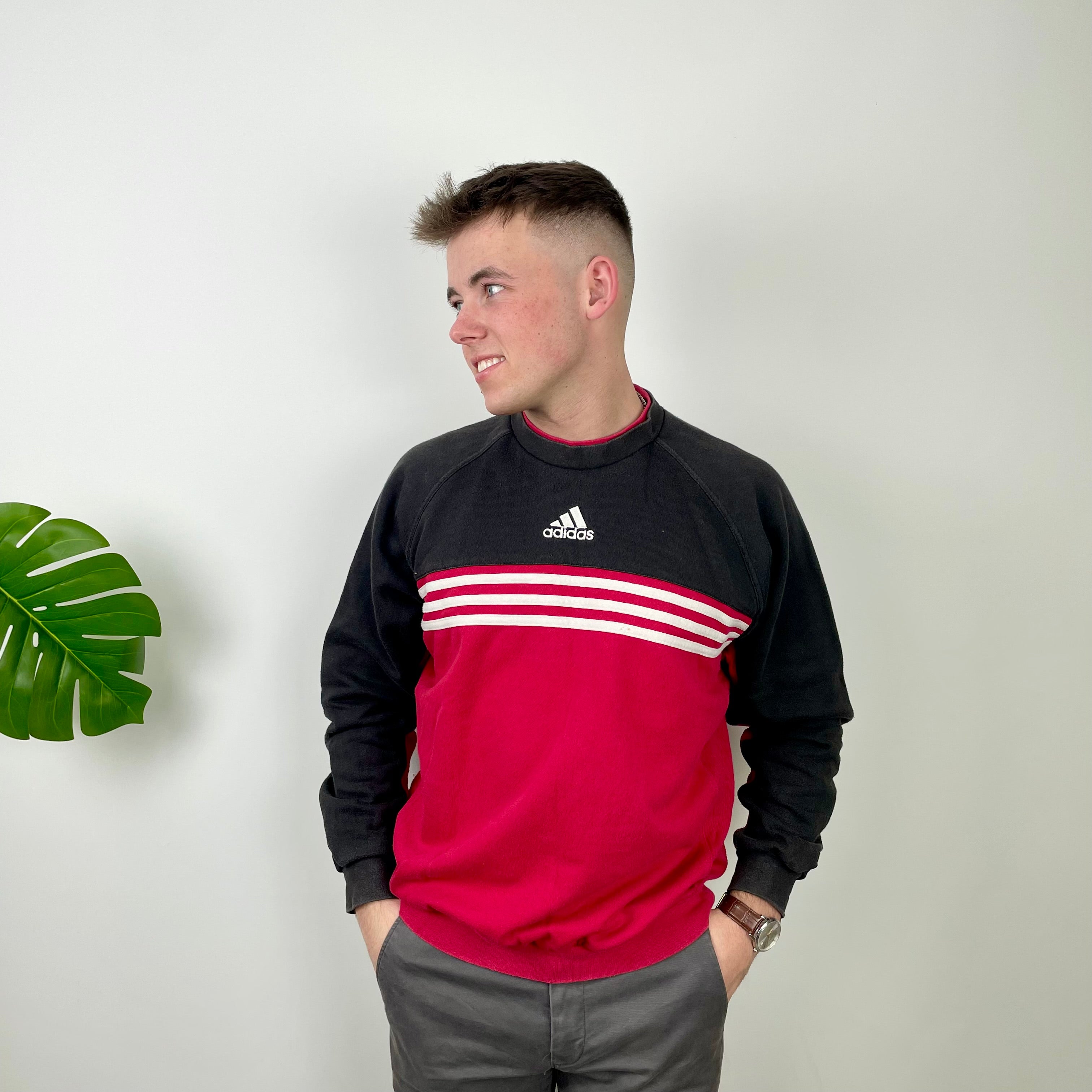 Adidas Red & Black Embroidered Spell Out Colour Block Sweatshirt (L)