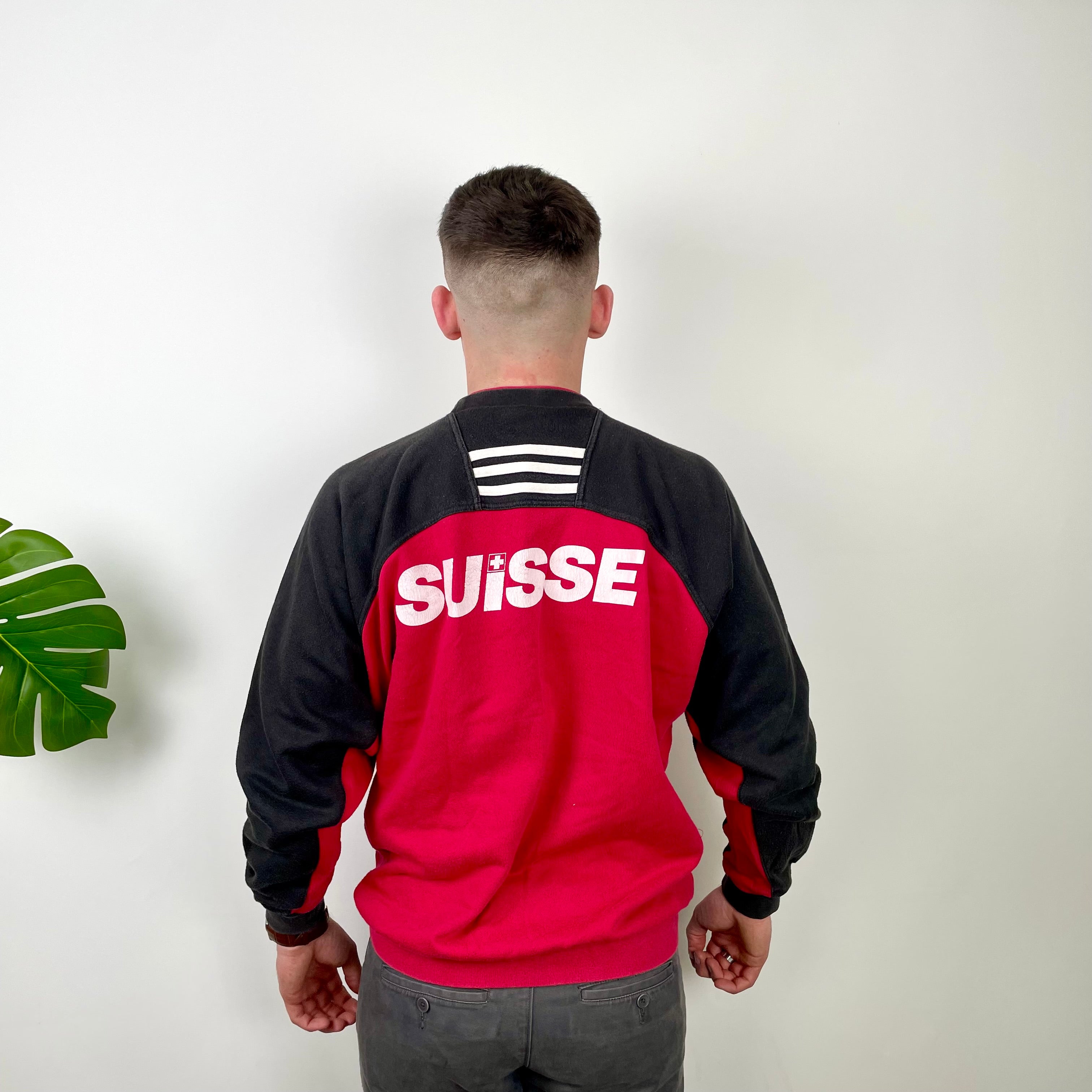 Adidas Red & Black Embroidered Spell Out Colour Block Sweatshirt (L)