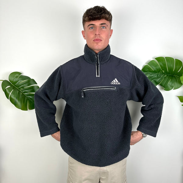 Adidas Navy Embroidered Spell Out Teddy Bear Sherpa Fleece Quarter Zip Sweatshirt (L)