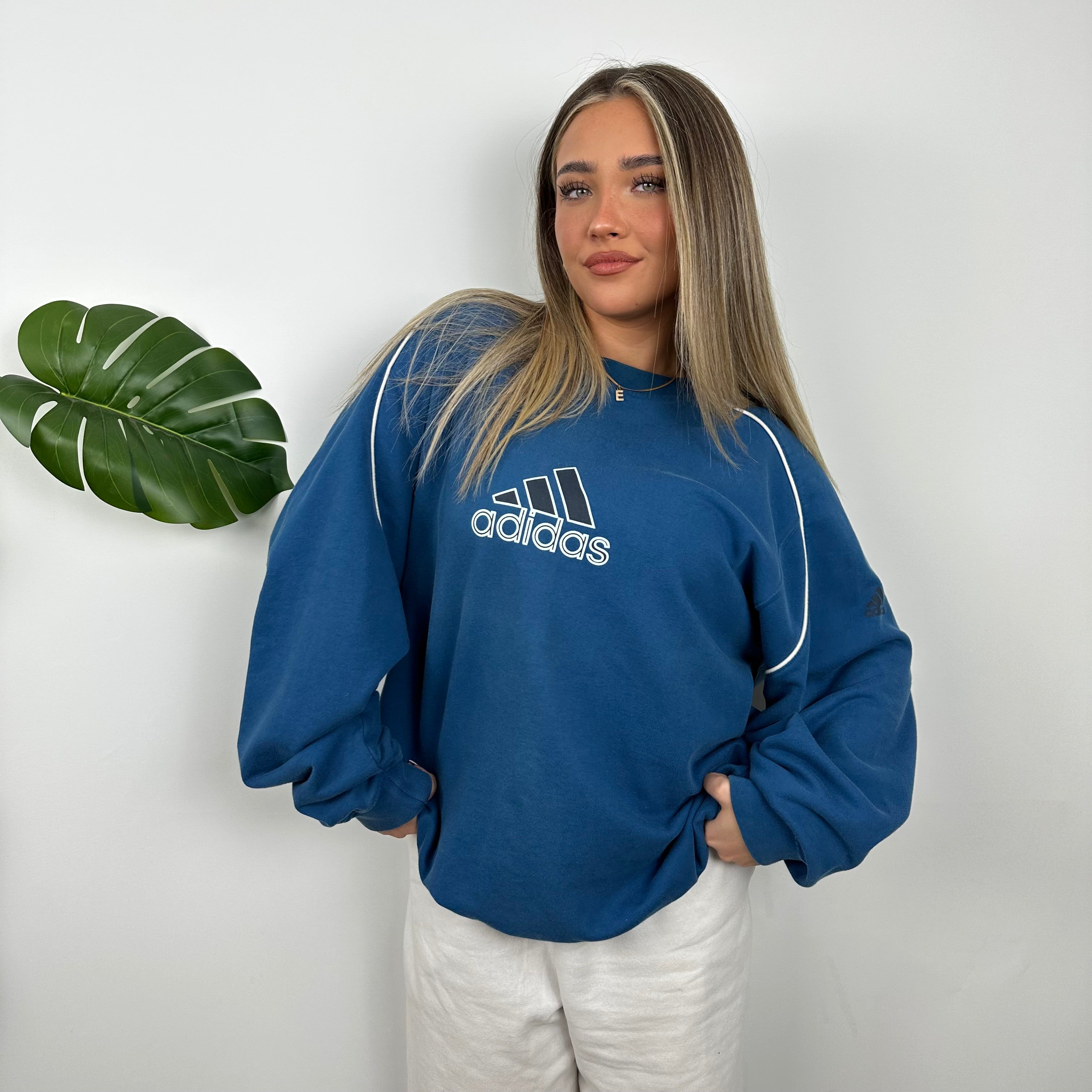 Adidas Blue Embroidered Spell Out Sweatshirt (XL)