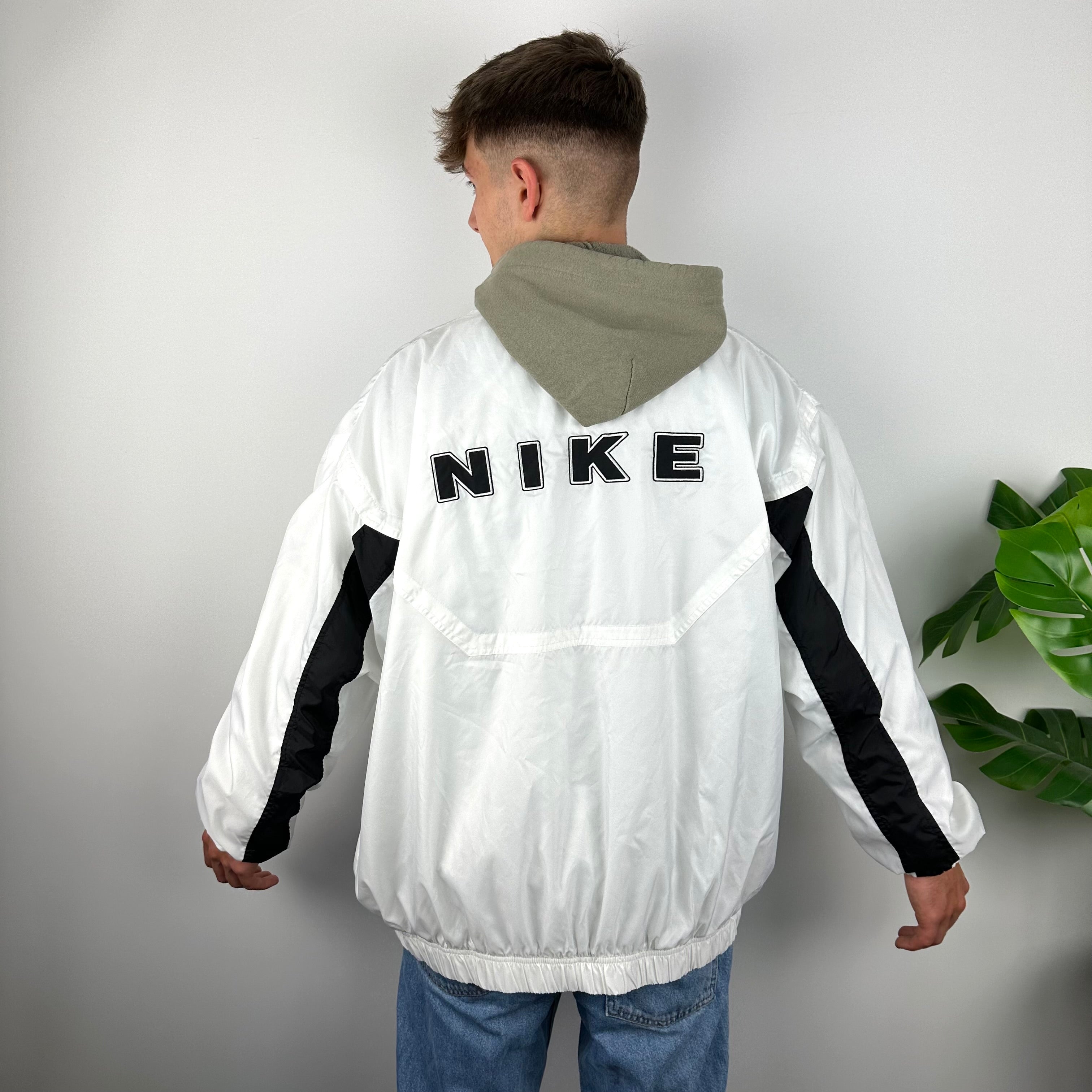 Nike RARE White Embroidered Spell Out Windbreaker Jacket (XXL)