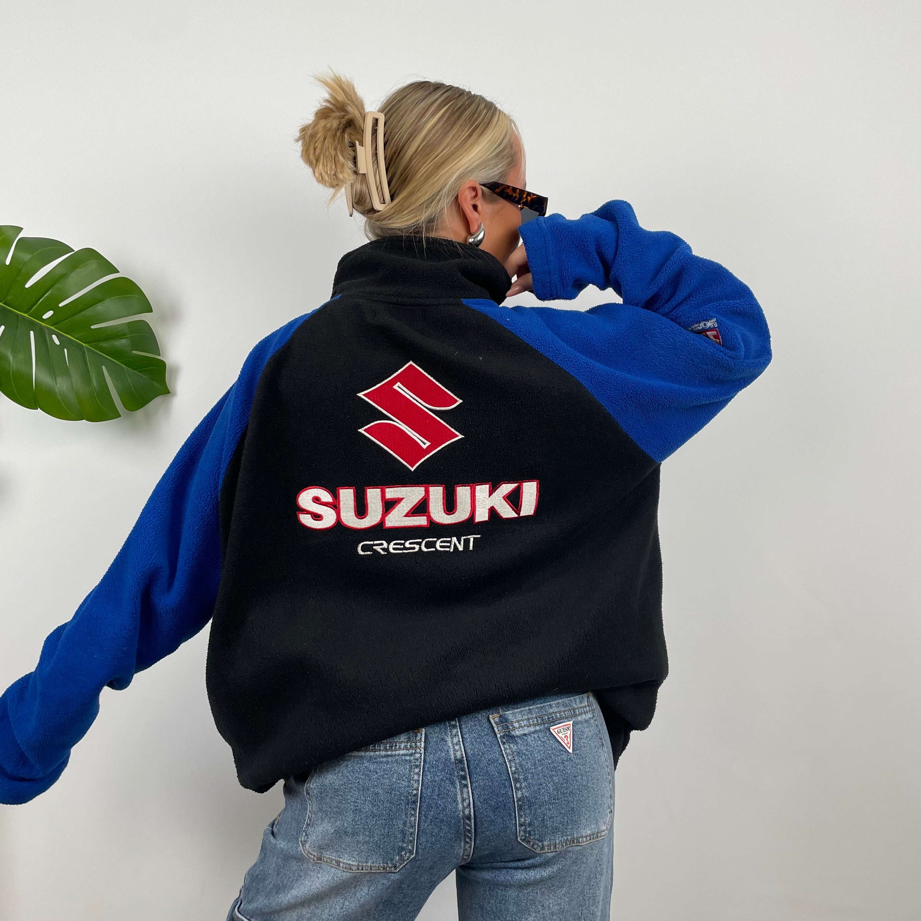 Suzuki Racing Blue Embroidered Spell Out Zip Up Fleece Jacket (XXL)