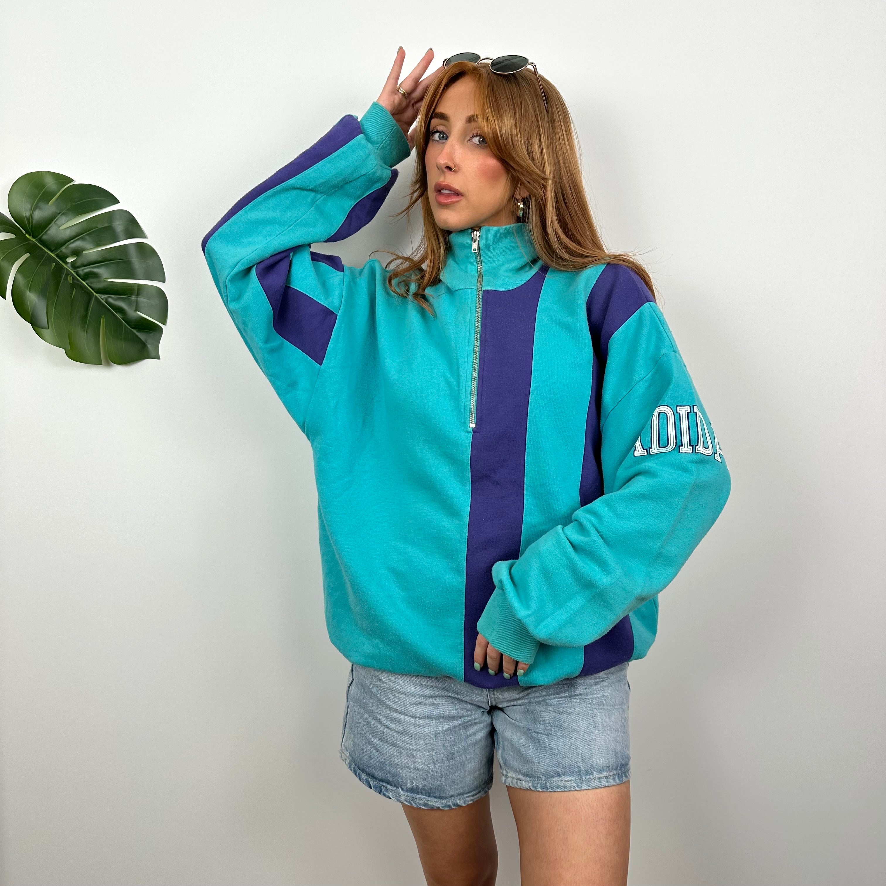 Adidas RARE Purple & Turquoise Blue Colour Block Embroidered Spell Out Quarter Zip Sweatshirt (M)