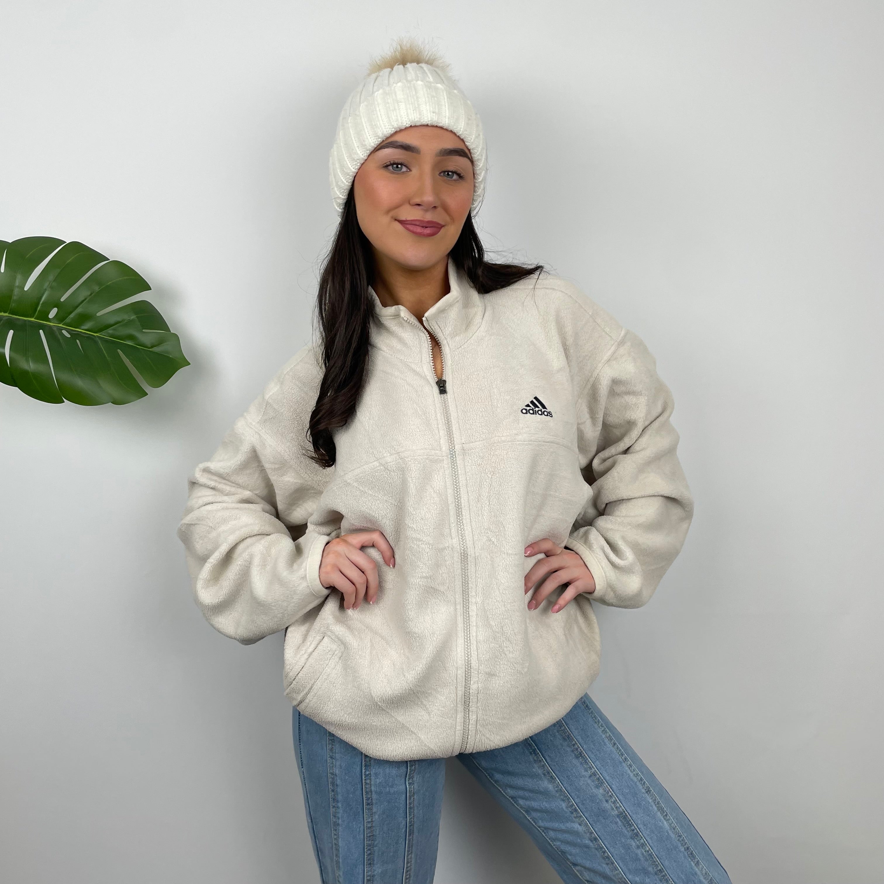 Adidas Cream Embroidered Spell Out Teddy Bear Fleece Zip Up Jacket (L)
