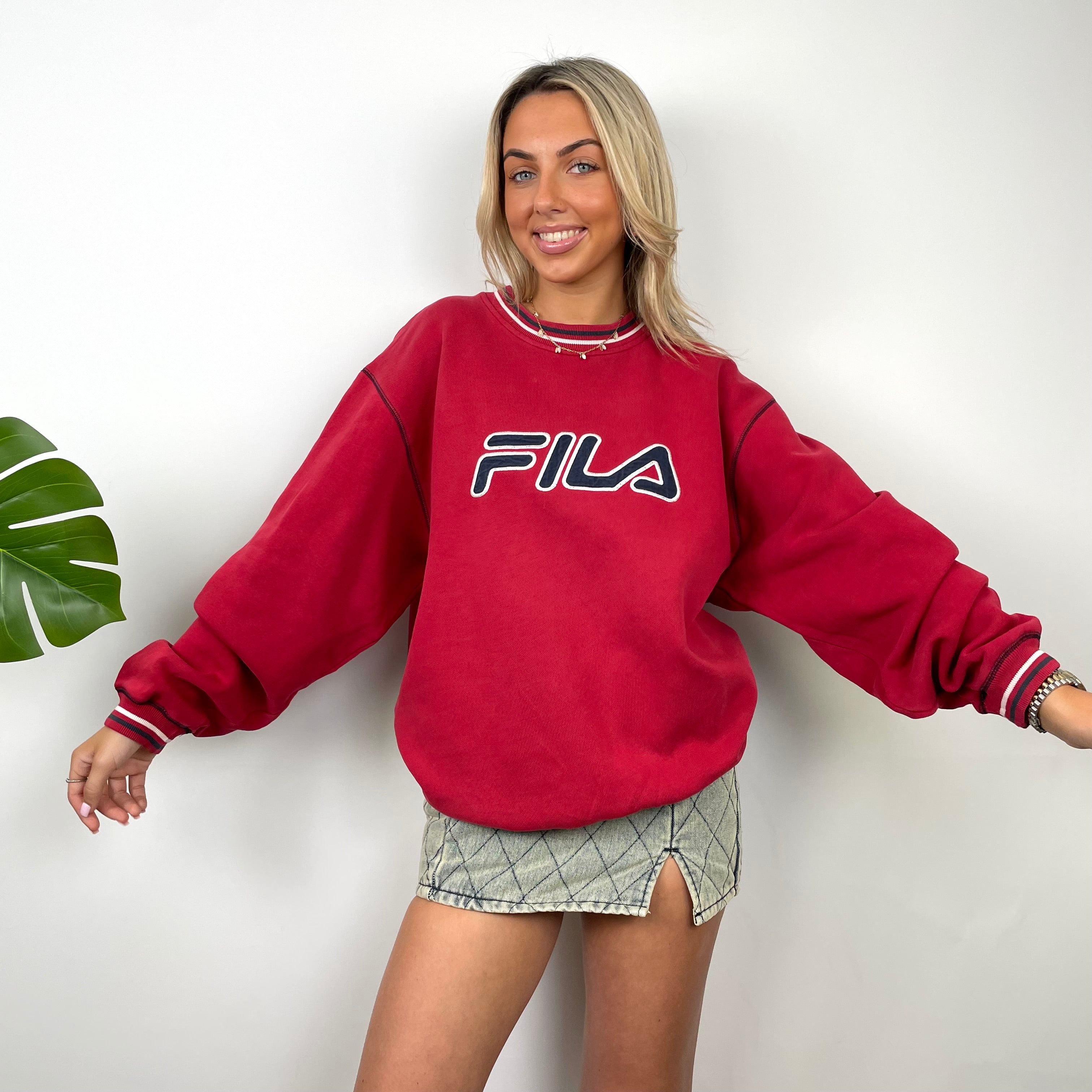 FILA Red Embroidered Spell Out Sweatshirt (L)