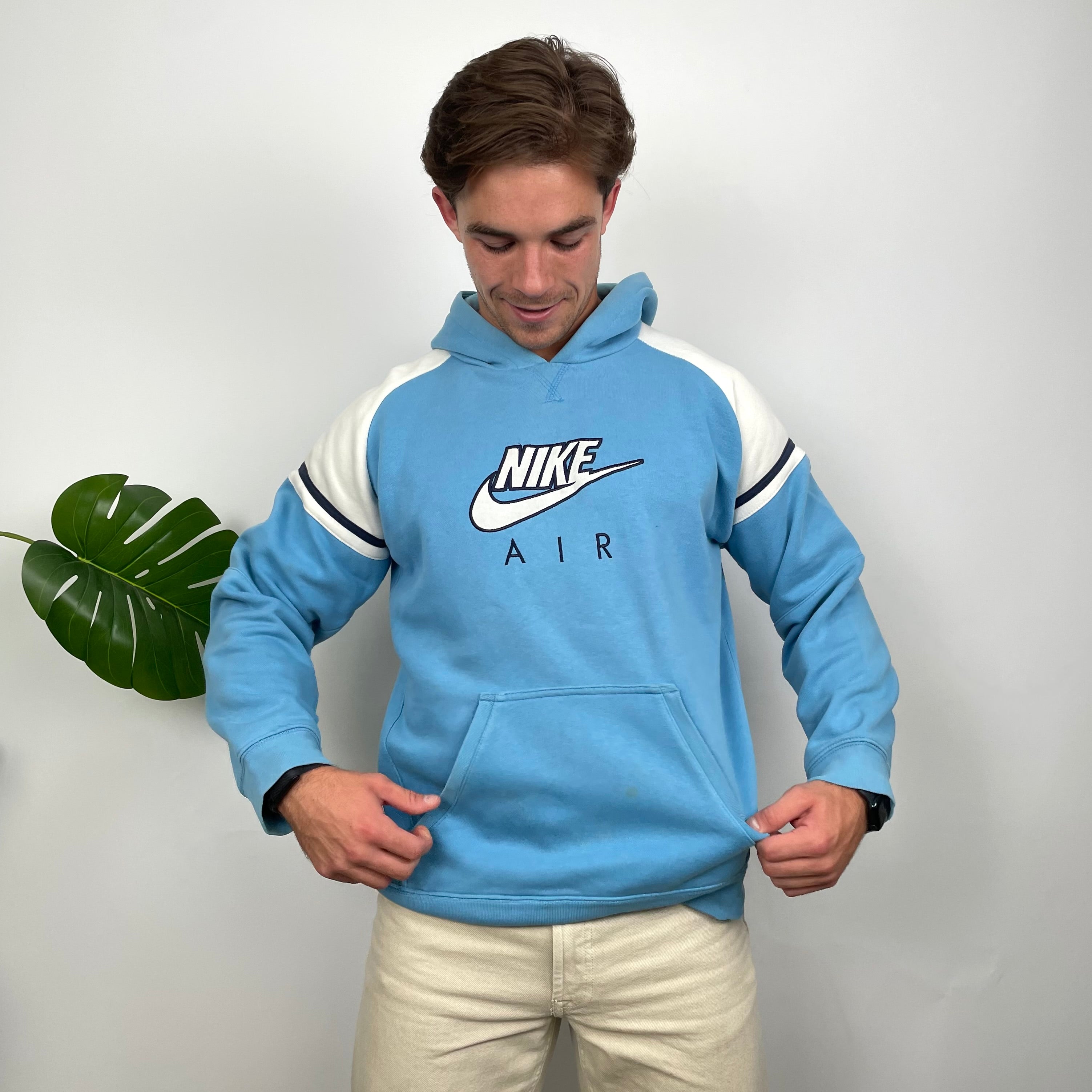 Nike Air RARE White & Baby Blue Embroidered Spell Out Hoodie (L)