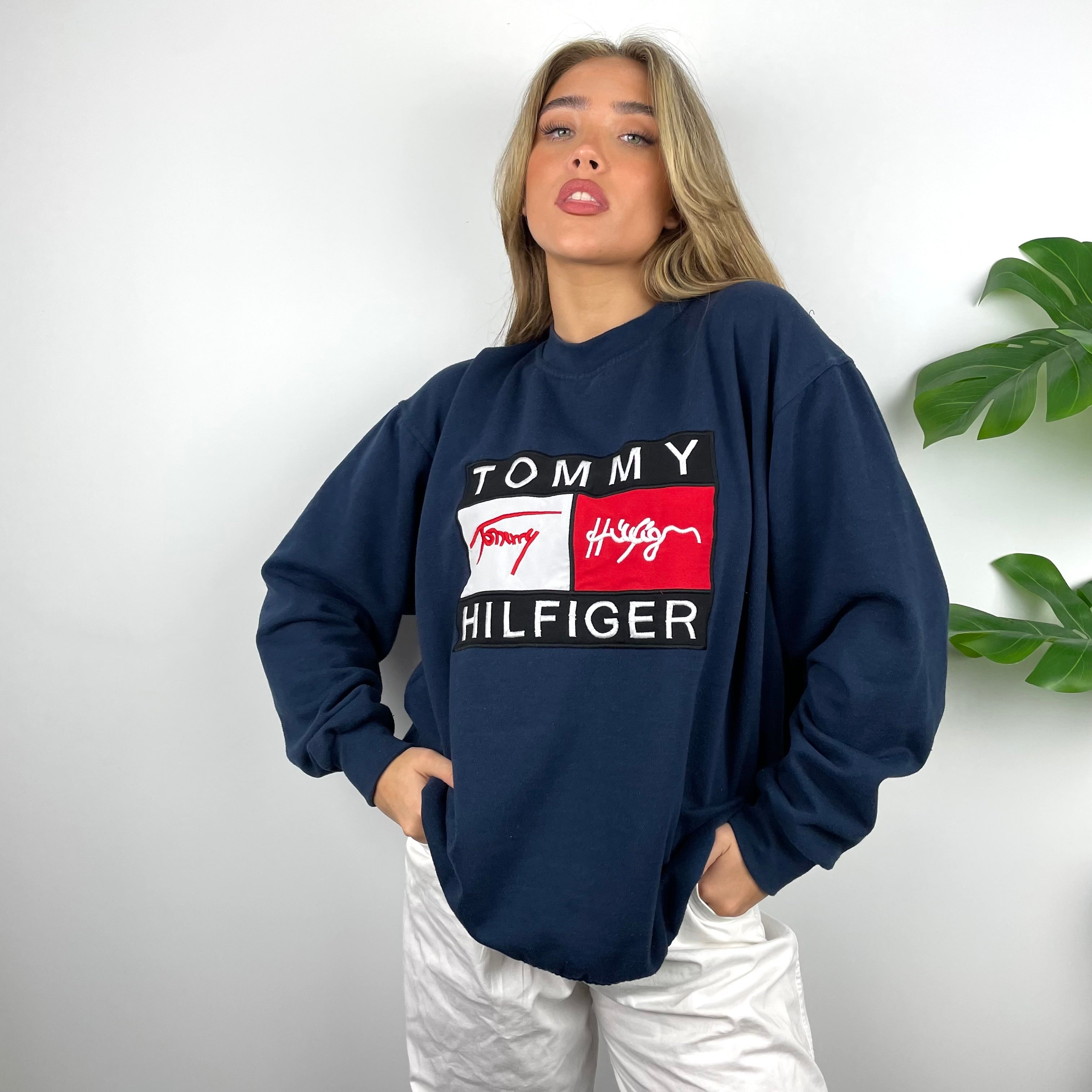 Tommy Hilfiger RARE Navy Embroidered Spell Out Sweatshirt as worn by Annalivia Hynds (XXL)
