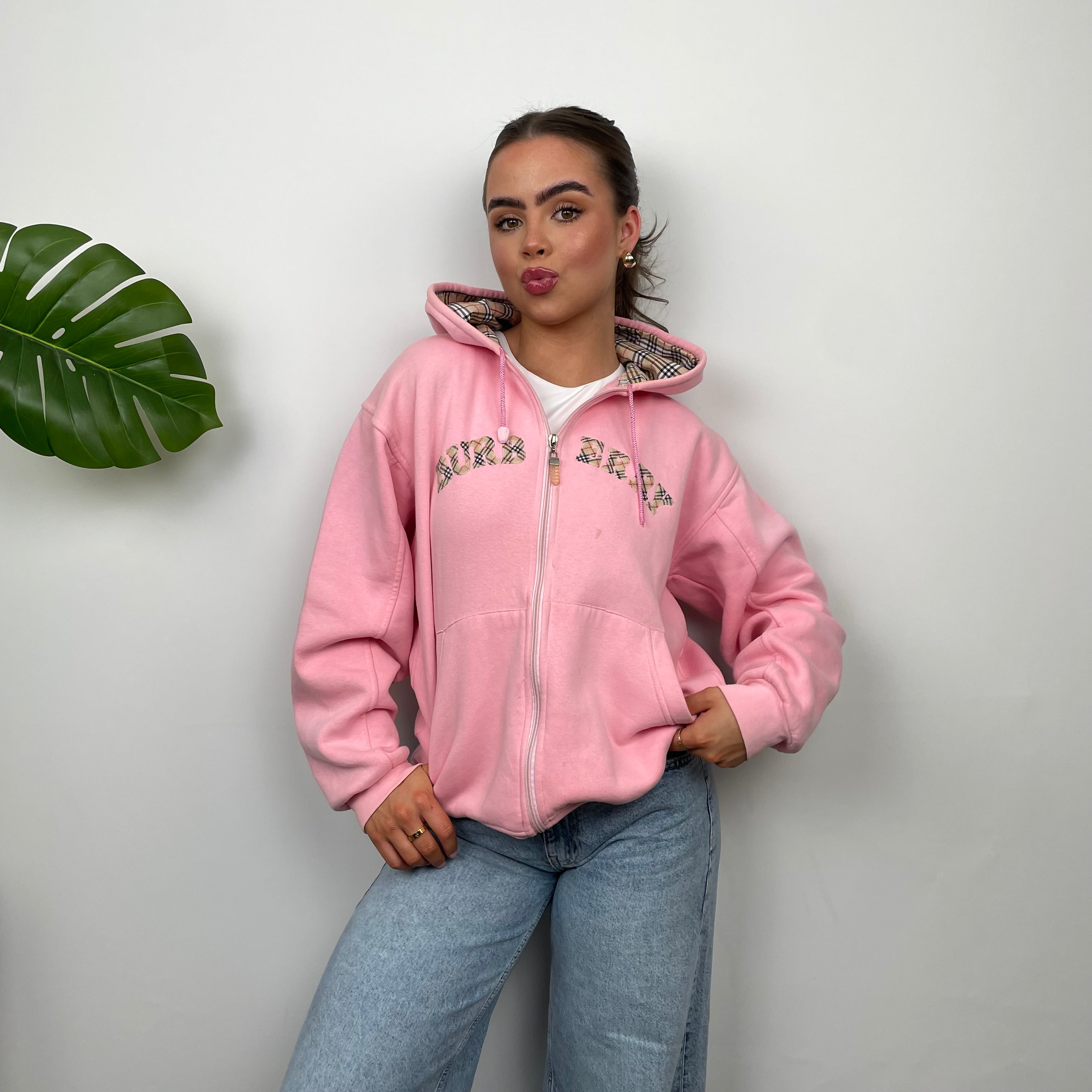 Burberry Pink Embroidered Logo Zip Up Sweatshirt (S)