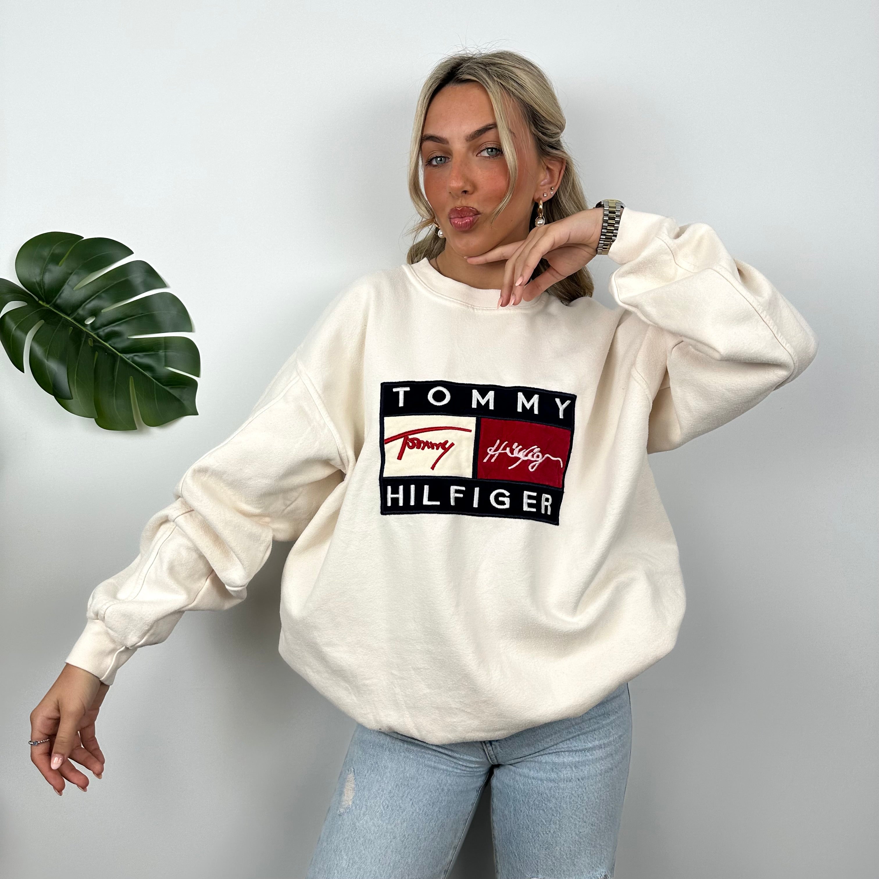 Tommy Hilfiger RARE Cream Embroidered Spell Out Sweatshirt (XL)