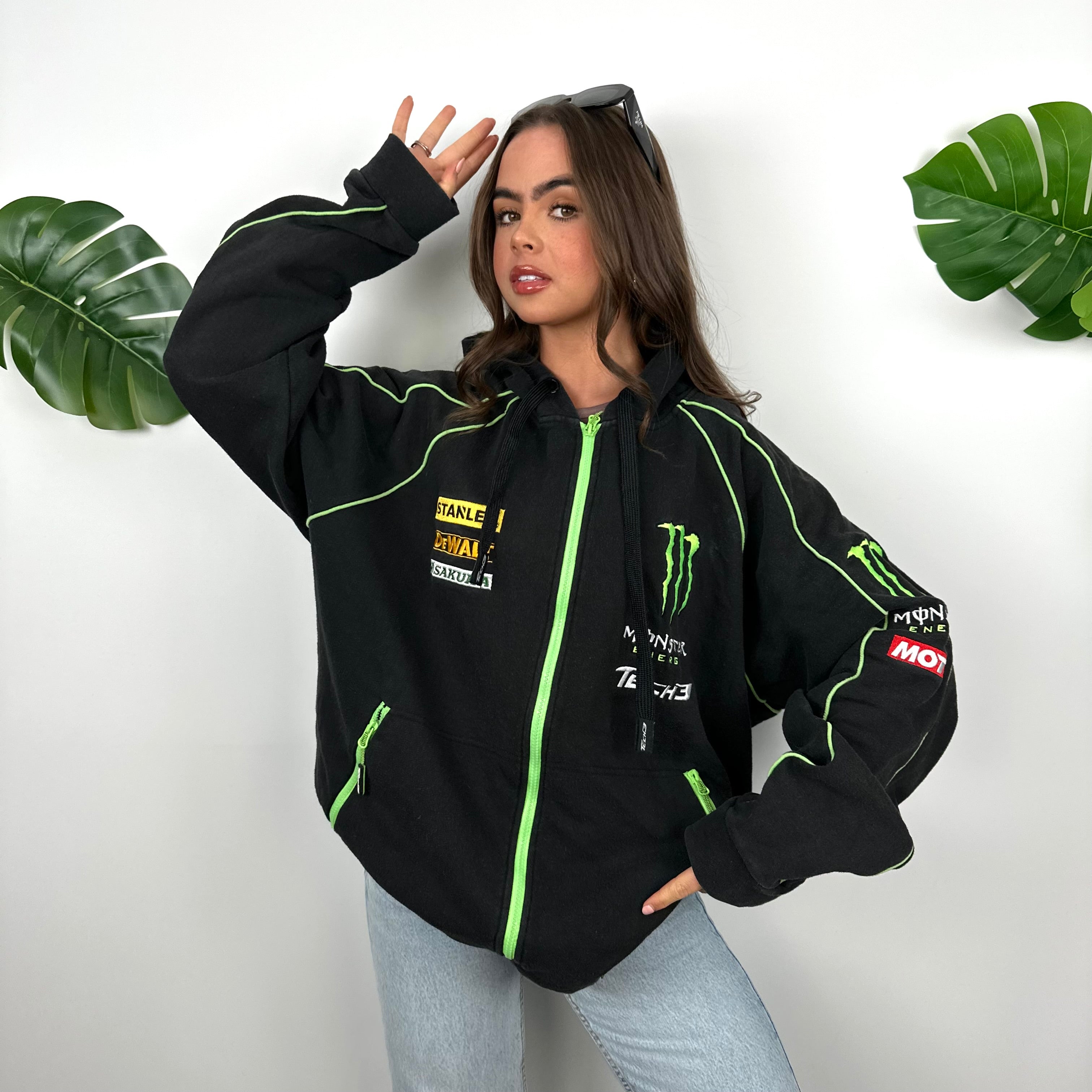 Monster Energy Racing Team Black Embroidered Spell Out Zip Up Hoodie Jacket (XL)