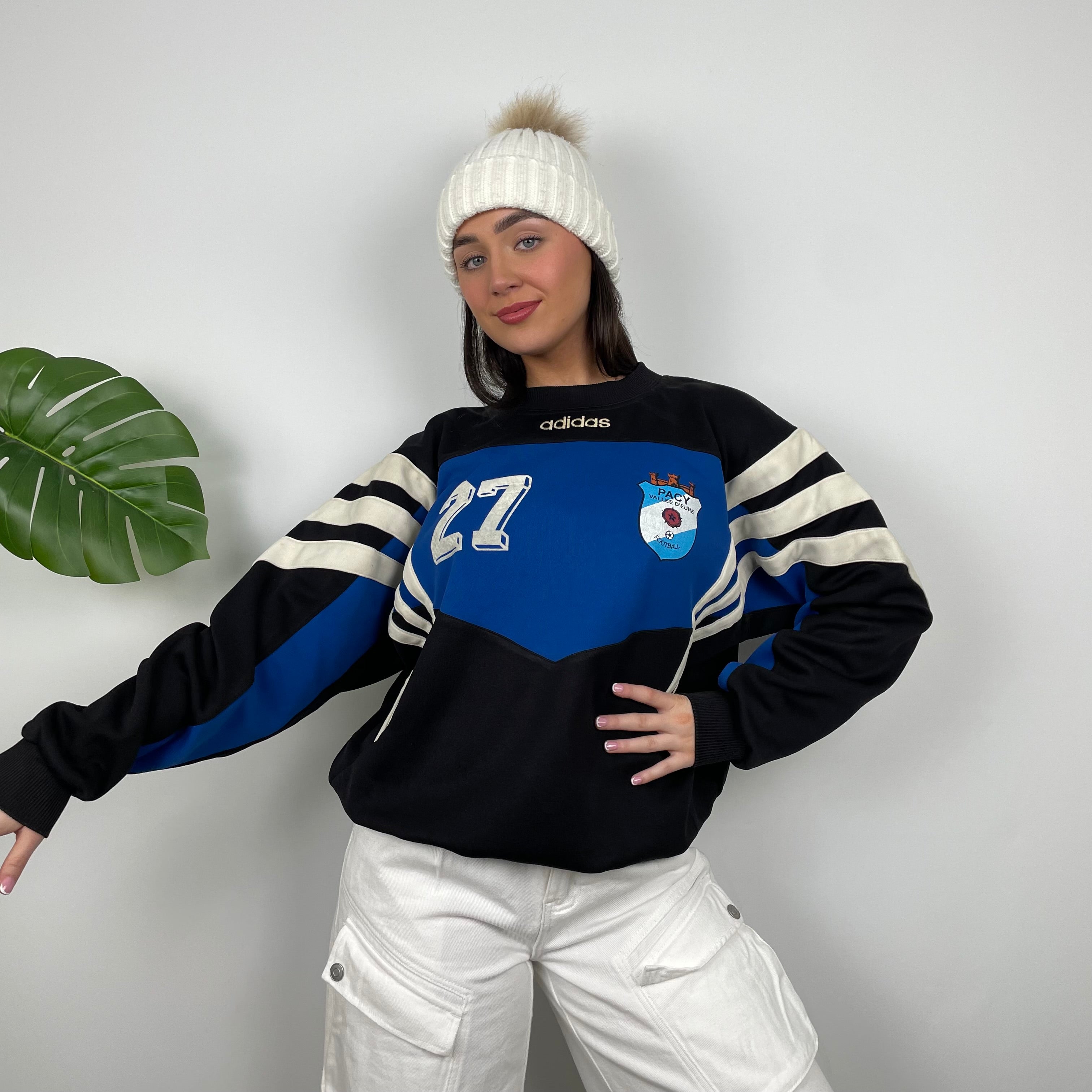 Adidas Black & Blue Embroidered Spell Out Colour Block Sweatshirt (L)