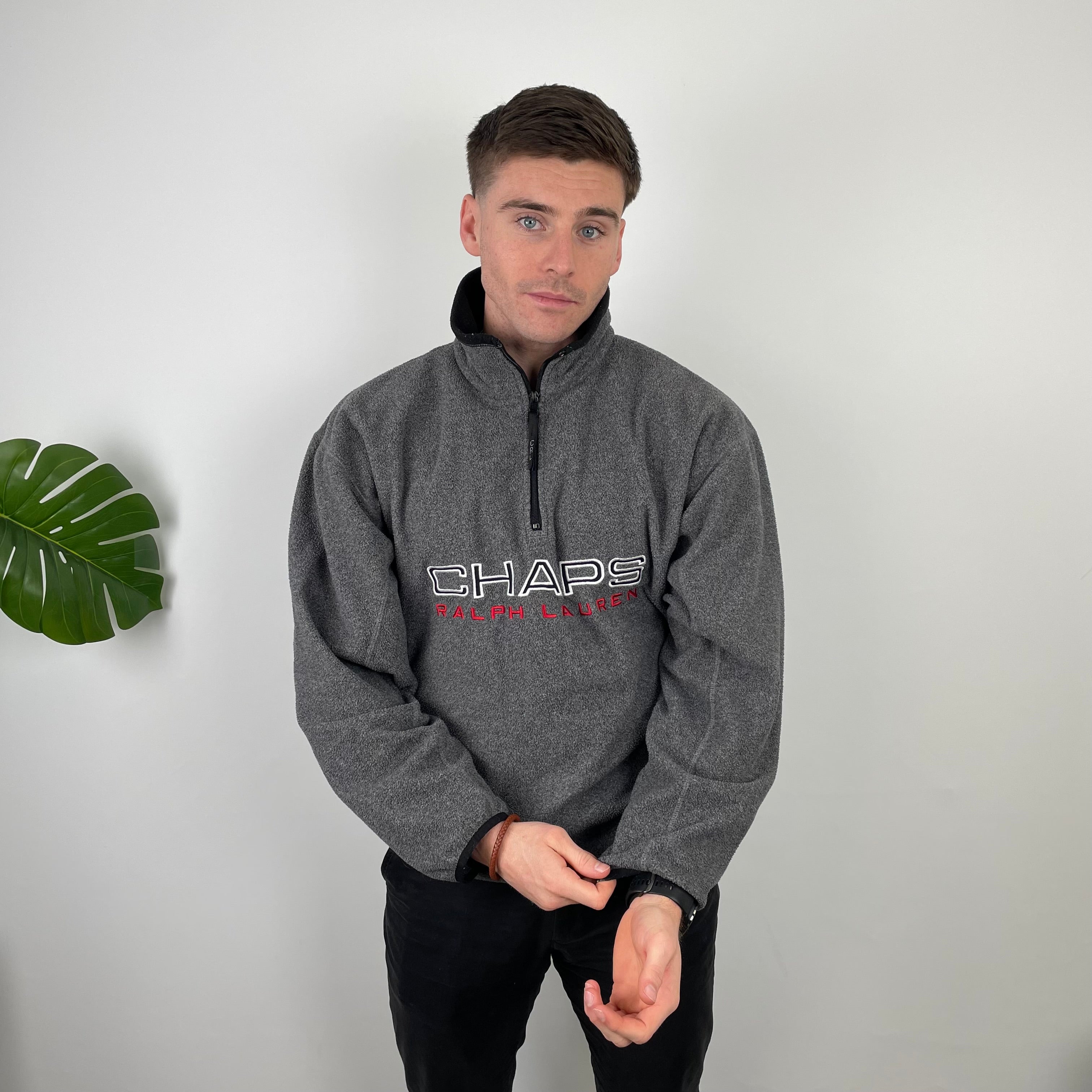 Chaps Ralph Lauren Grey Embroidered Spell Out Teddy Bear Fleece Quarter Zip Sweatshirt (L)