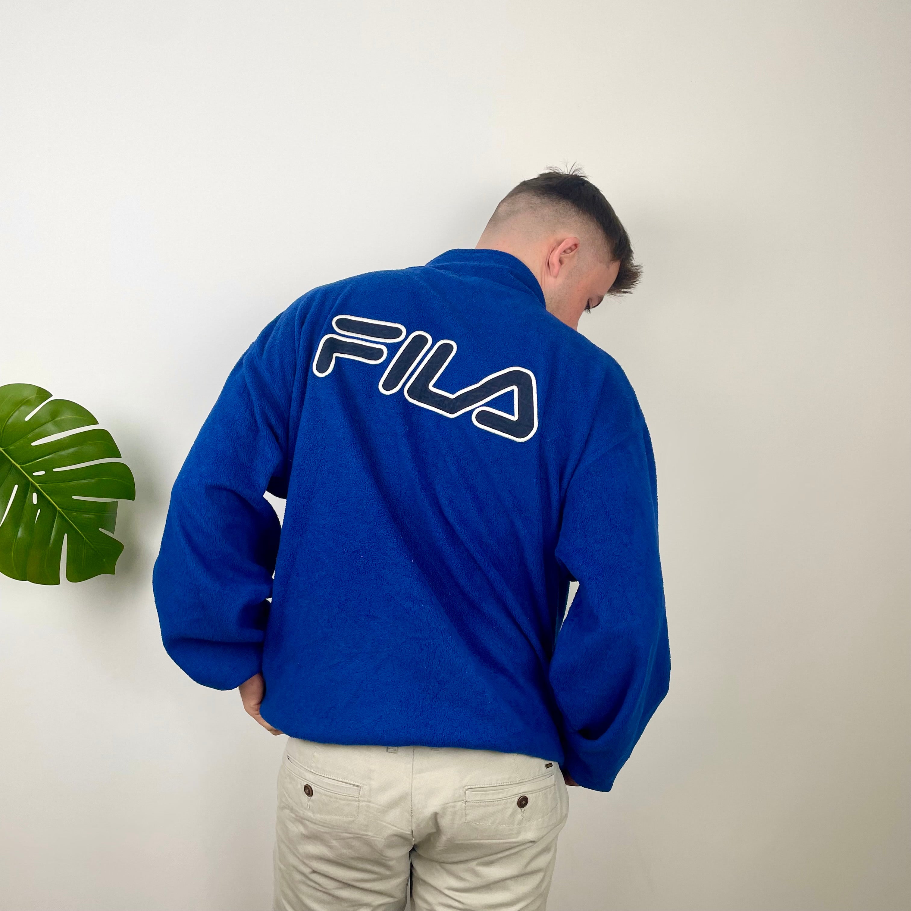 FILA Blue Embroidered Teddy Bear Quarter Zip Fleece Sweatshirt (XL)