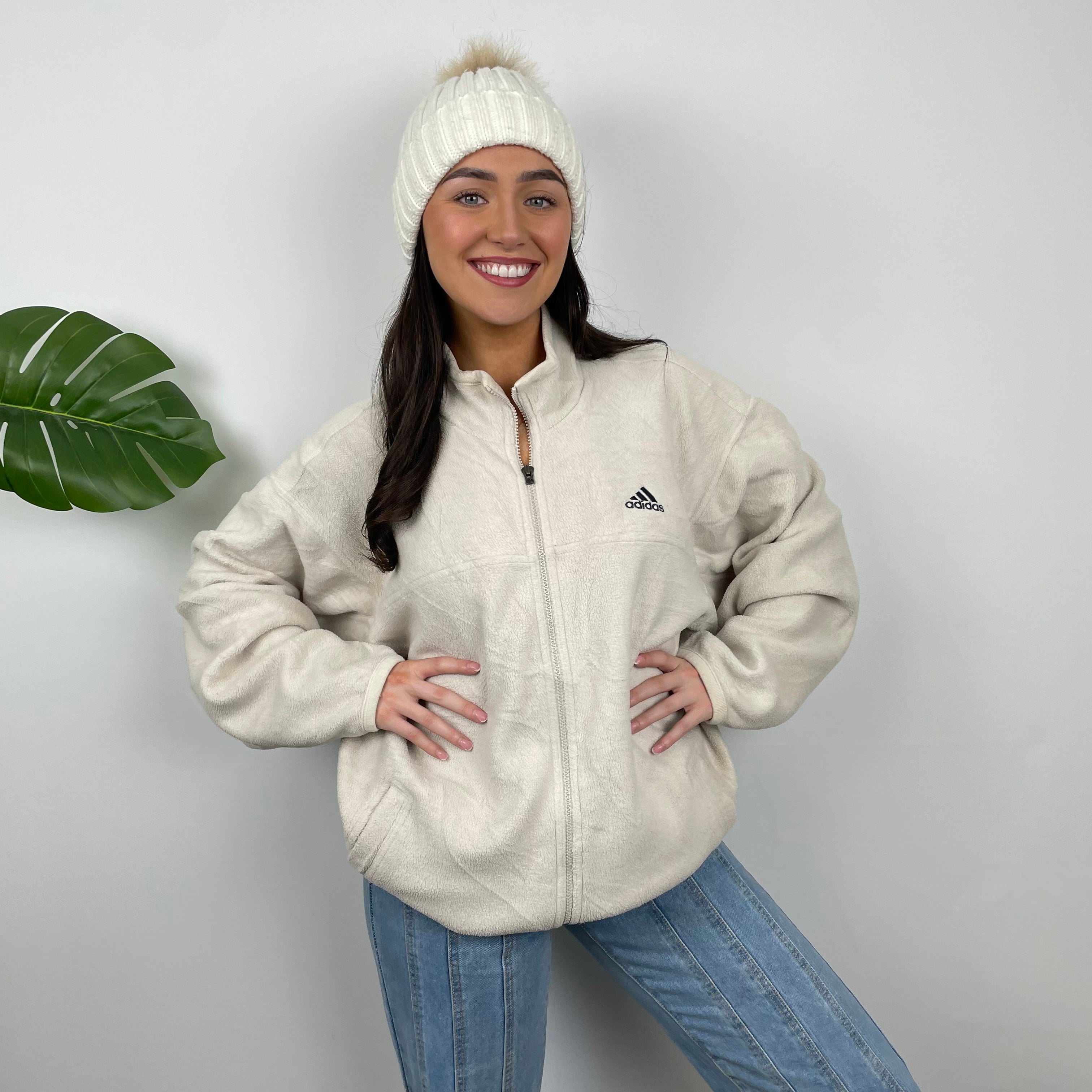 Adidas Cream Embroidered Spell Out Teddy Bear Fleece Zip Up Jacket (L)