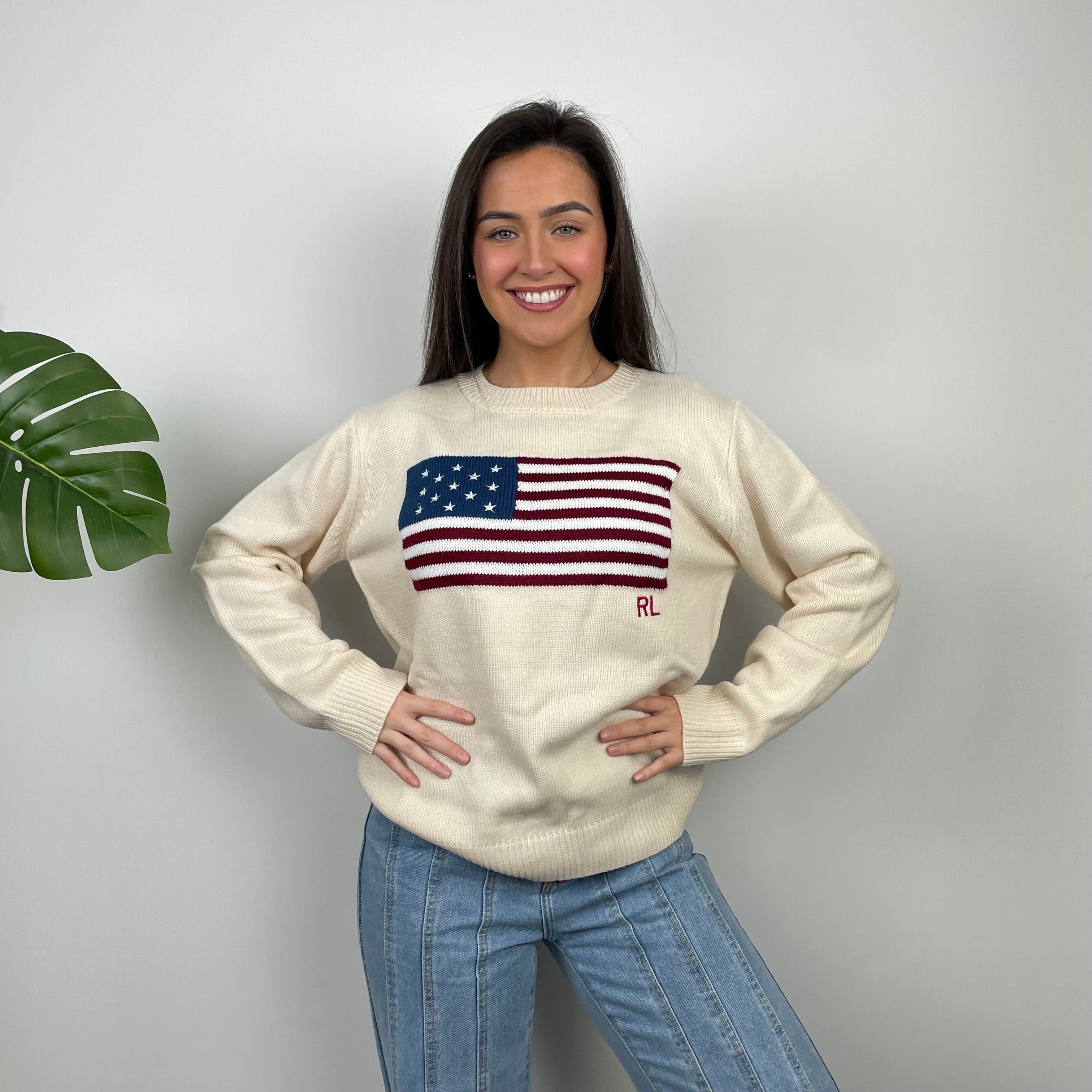 Polo Ralph Lauren Cream Embroidered Spell Out Knitted Sweater (M)