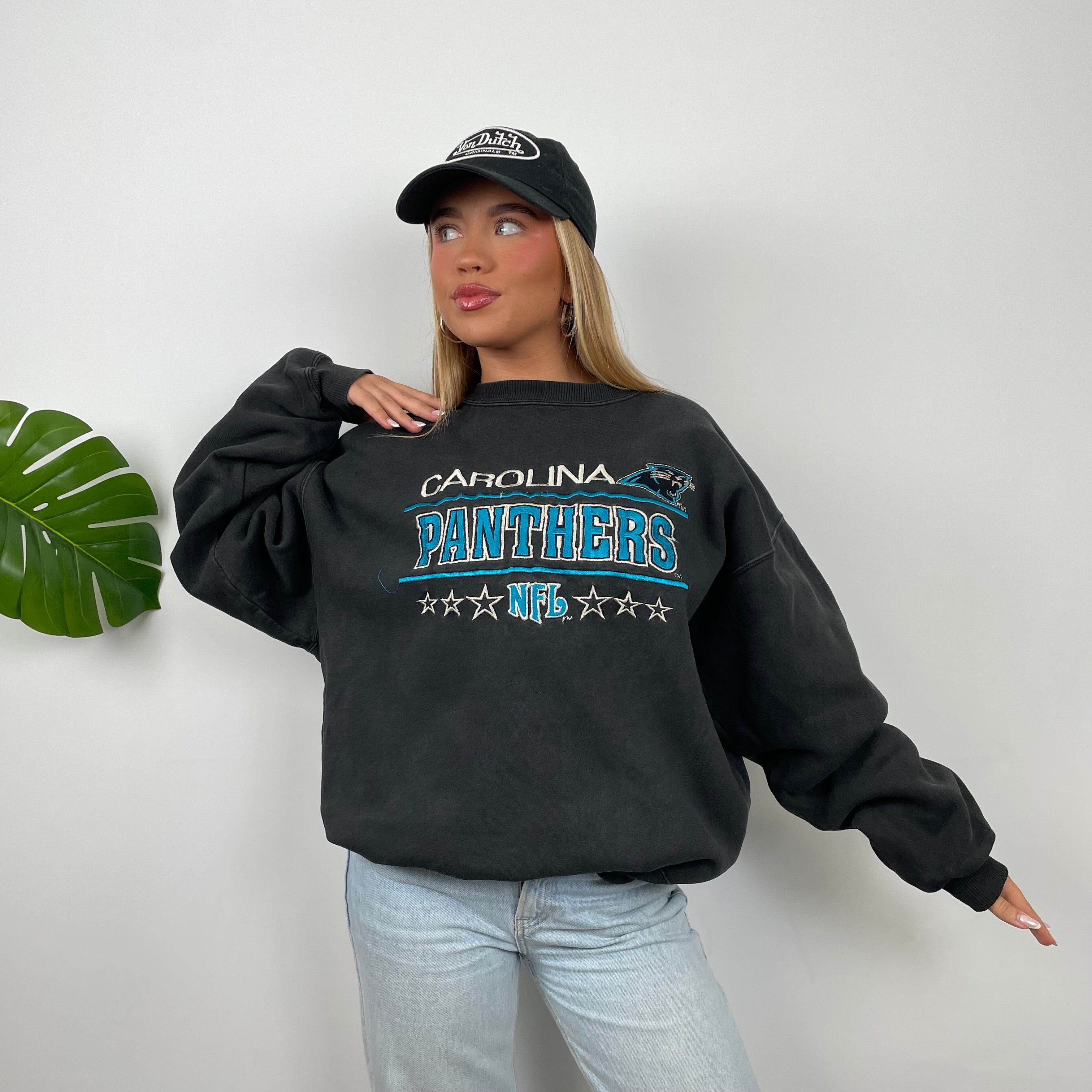 NFL Carolina Panthers Black Embroidered Spell Out Sweatshirt (L)