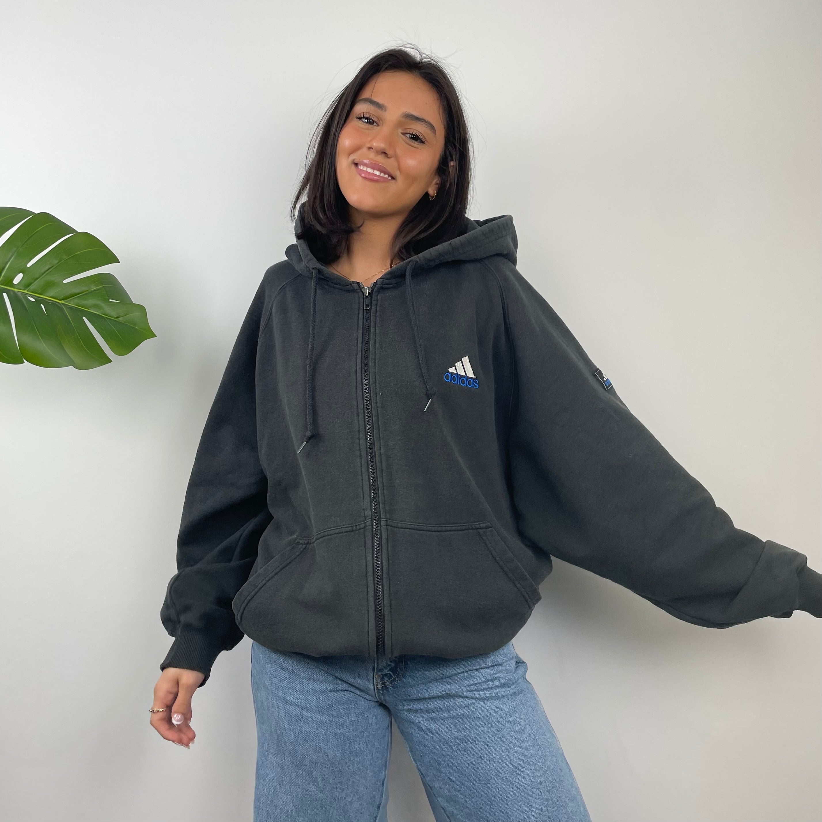 Adidas Black Embroidered Spell Out Zip Up Hoodie Jacket (XL)