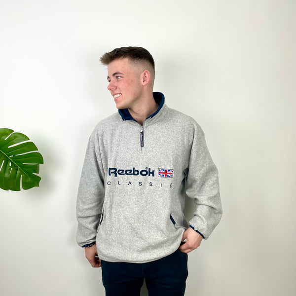 Reebok Classic RARE Grey Embroidered Spell Out Teddy Bear Fleece Quarter Zip Sweatshirt (L)