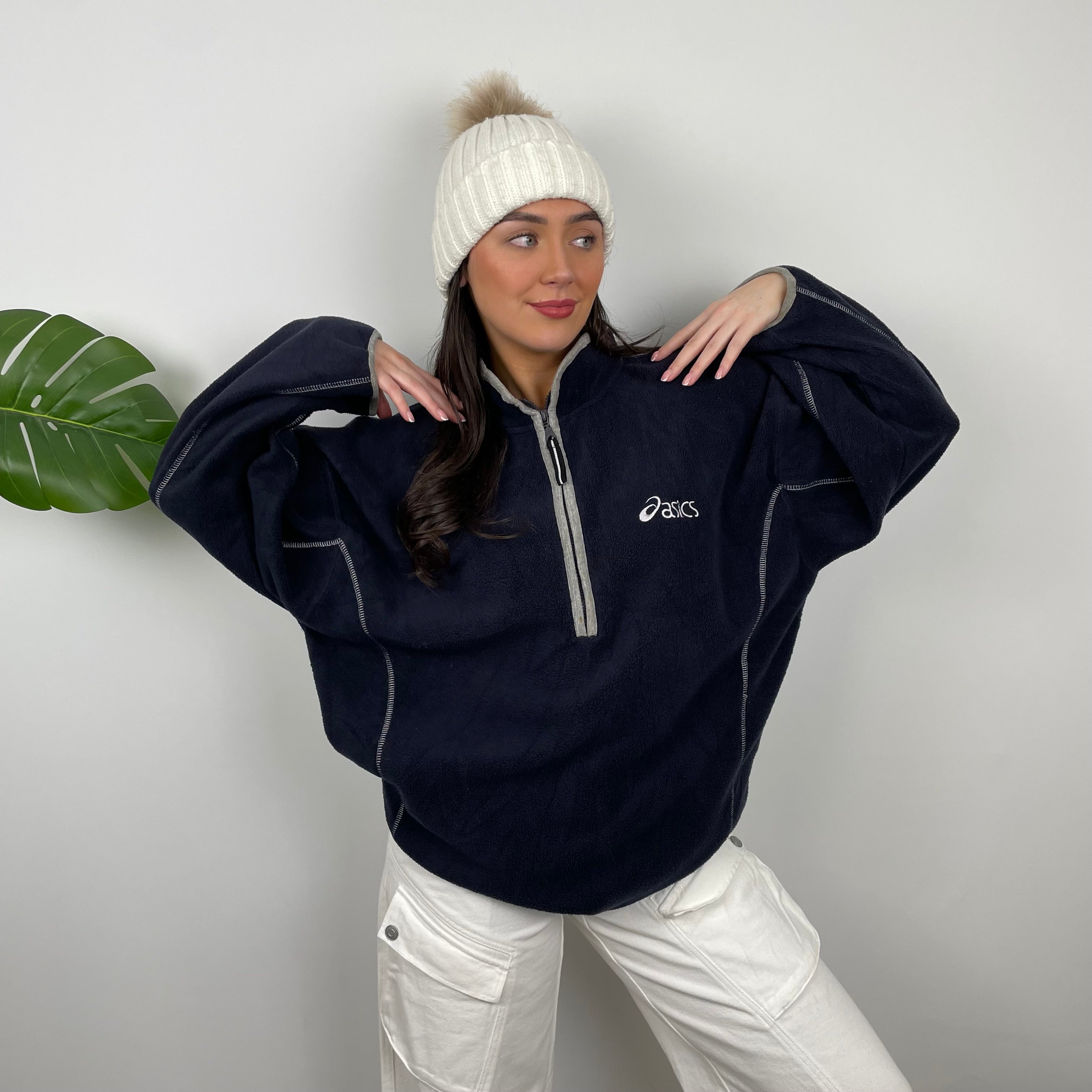 ASICS Navy Embroidered Spell Out Teddy Bear Fleece Quarter Zip Sweatshirt (XL)