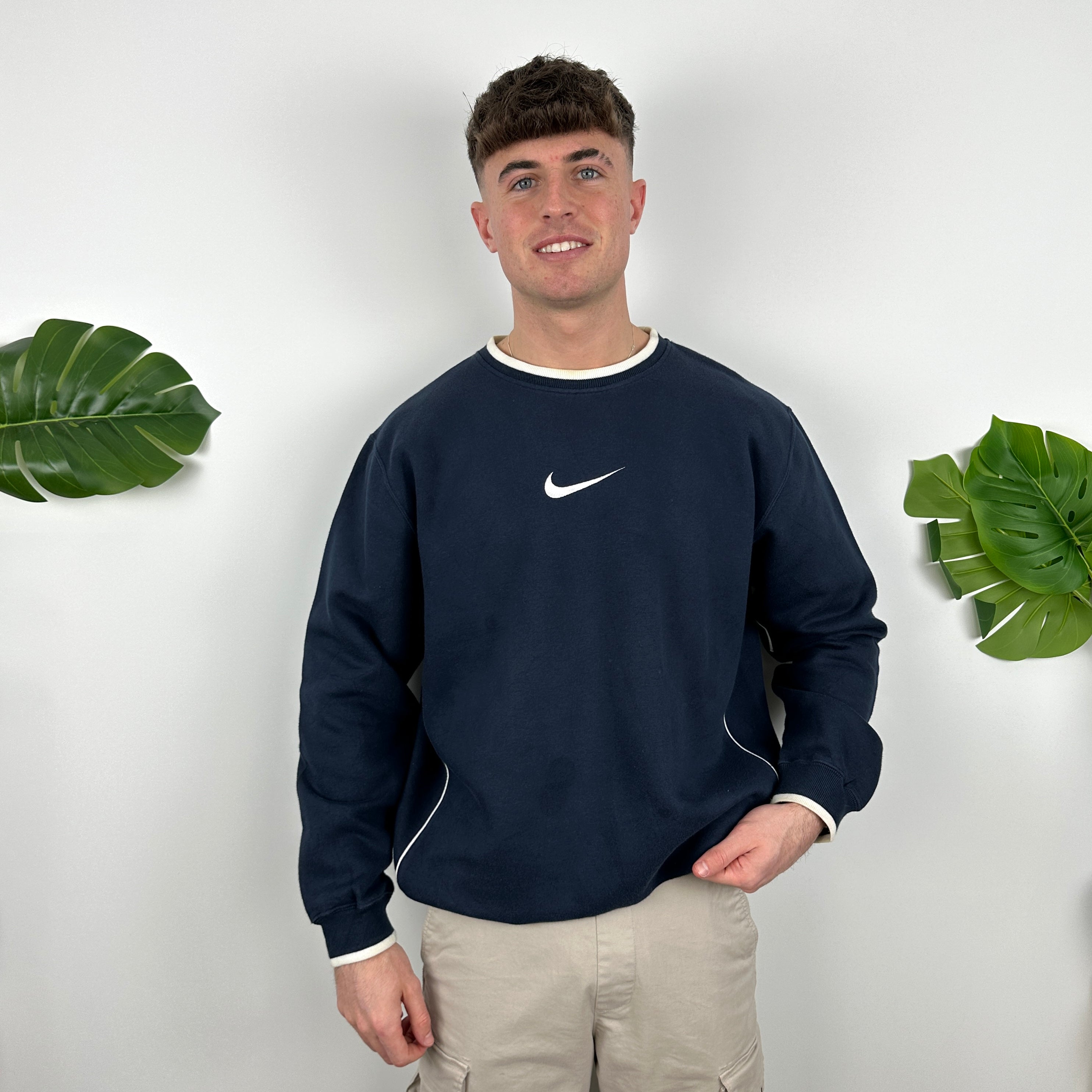 Nike RARE Navy Embroidered Swoosh Sweatshirt (L)