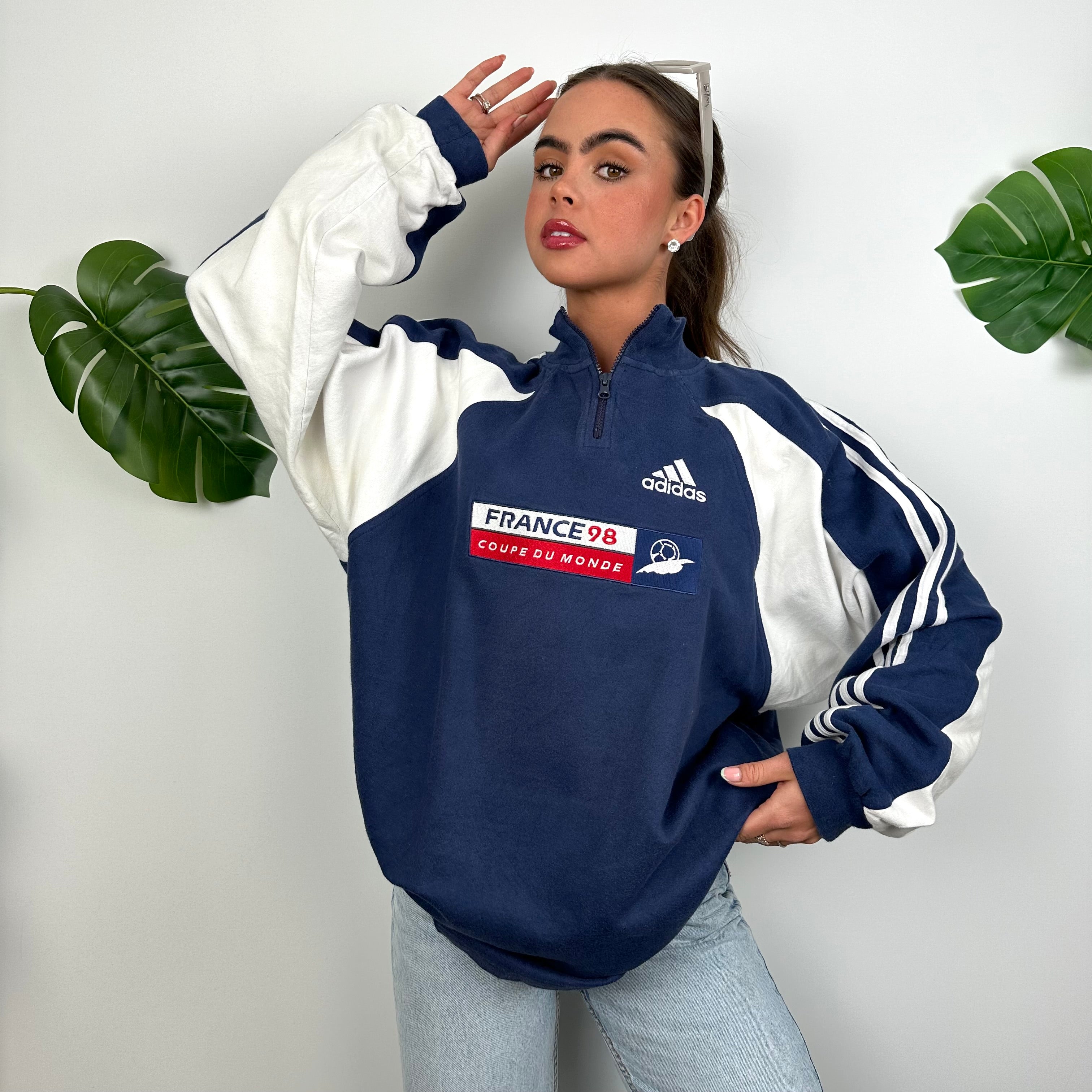 Adidas x Football World Cup France 1998 RARE Navy Embroidered Spell Out Quarter Zip Sweatshirt (M)