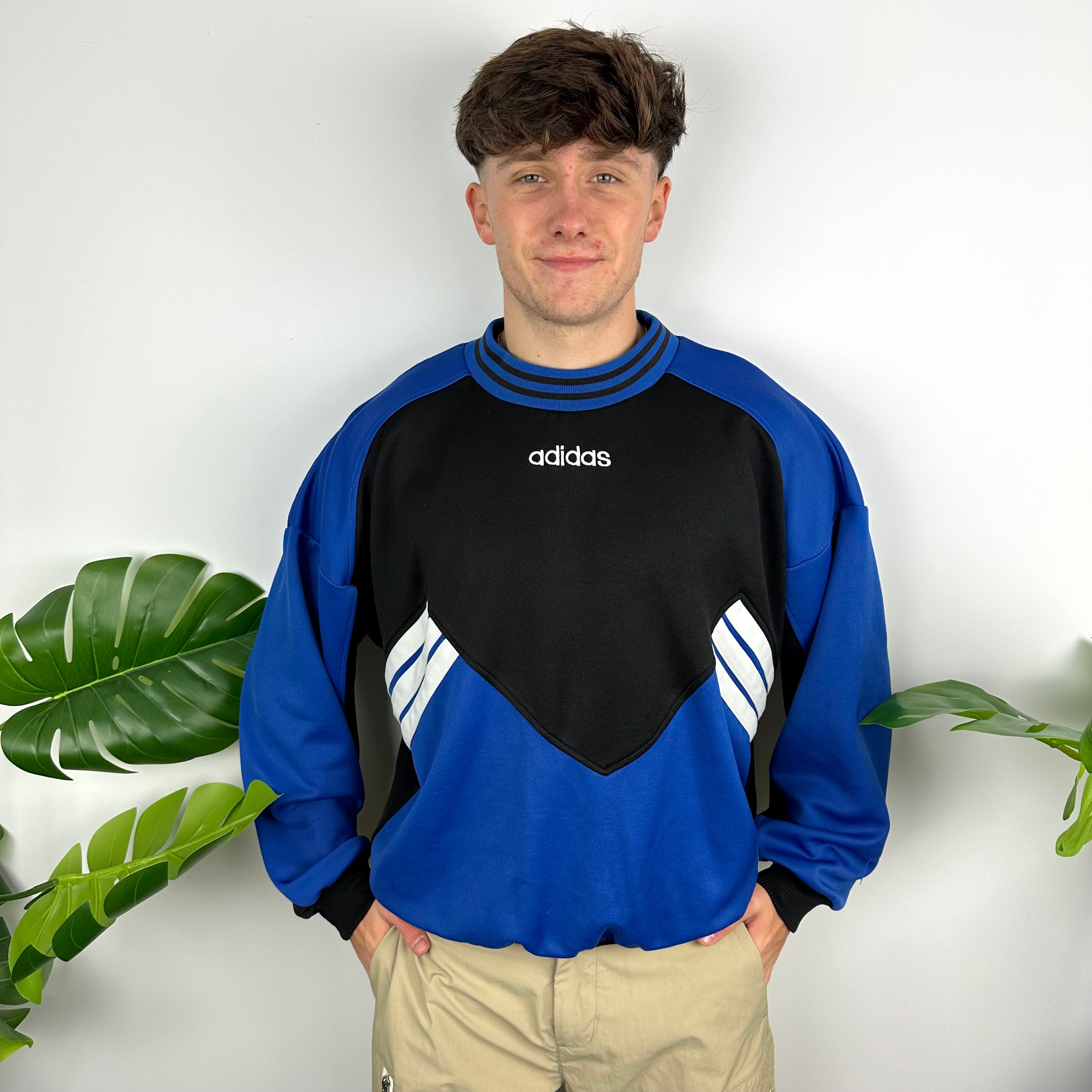 Adidas Black & Blue Embroidered Spell Out Colour Block Sweatshirt (M)