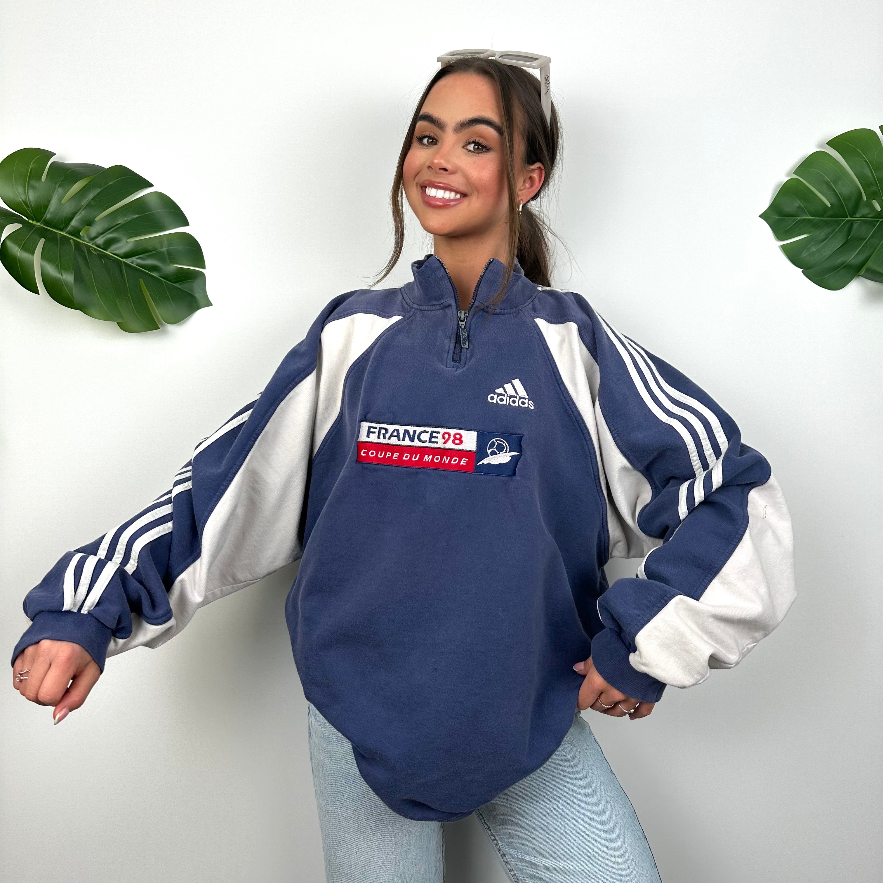 Adidas x Football World Cup France 1998 RARE Navy Embroidered Spell Out Quarter Zip Sweatshirt (XL)