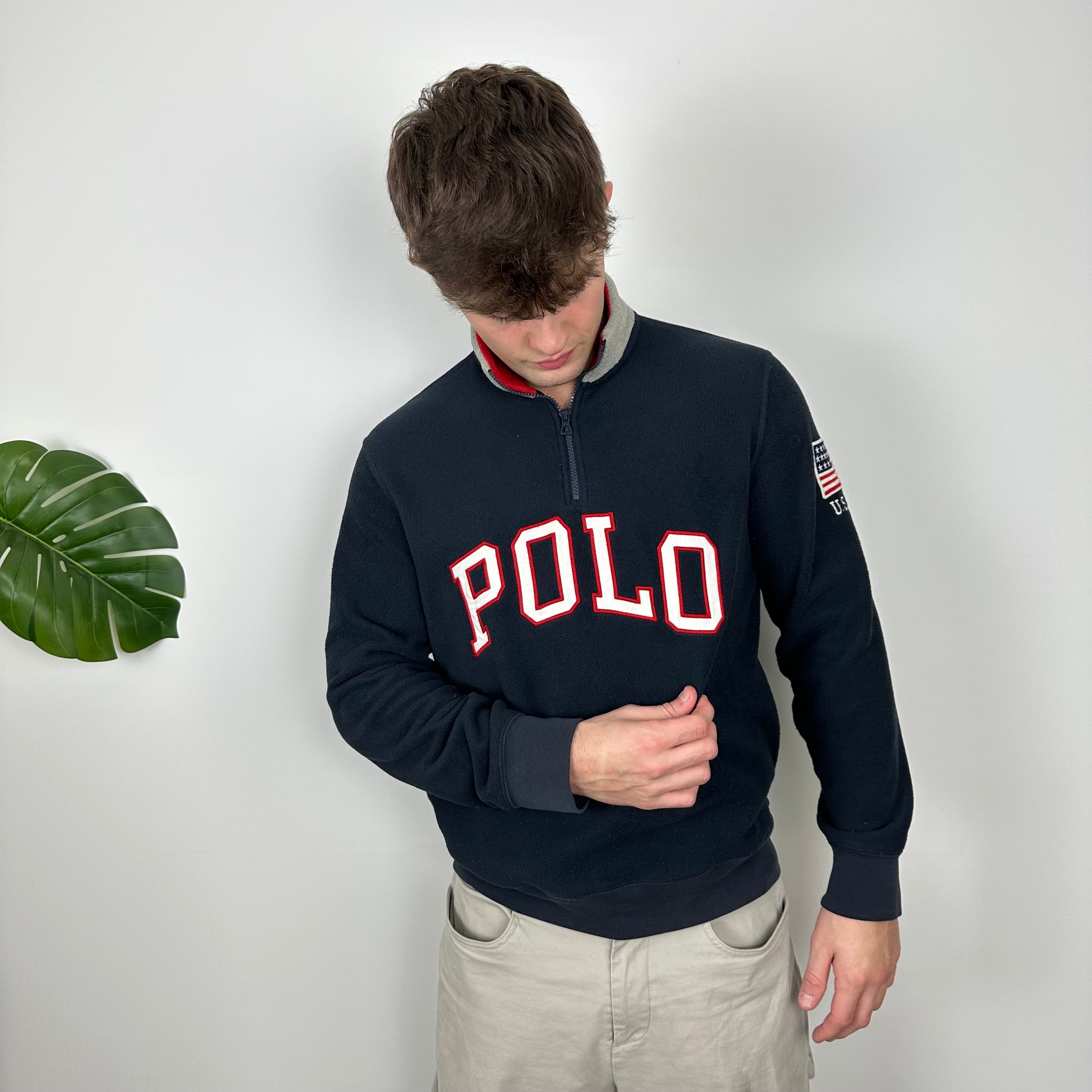 Polo Ralph Lauren Navy Embroidered Spell Out Fleece Quarter Zip (M)