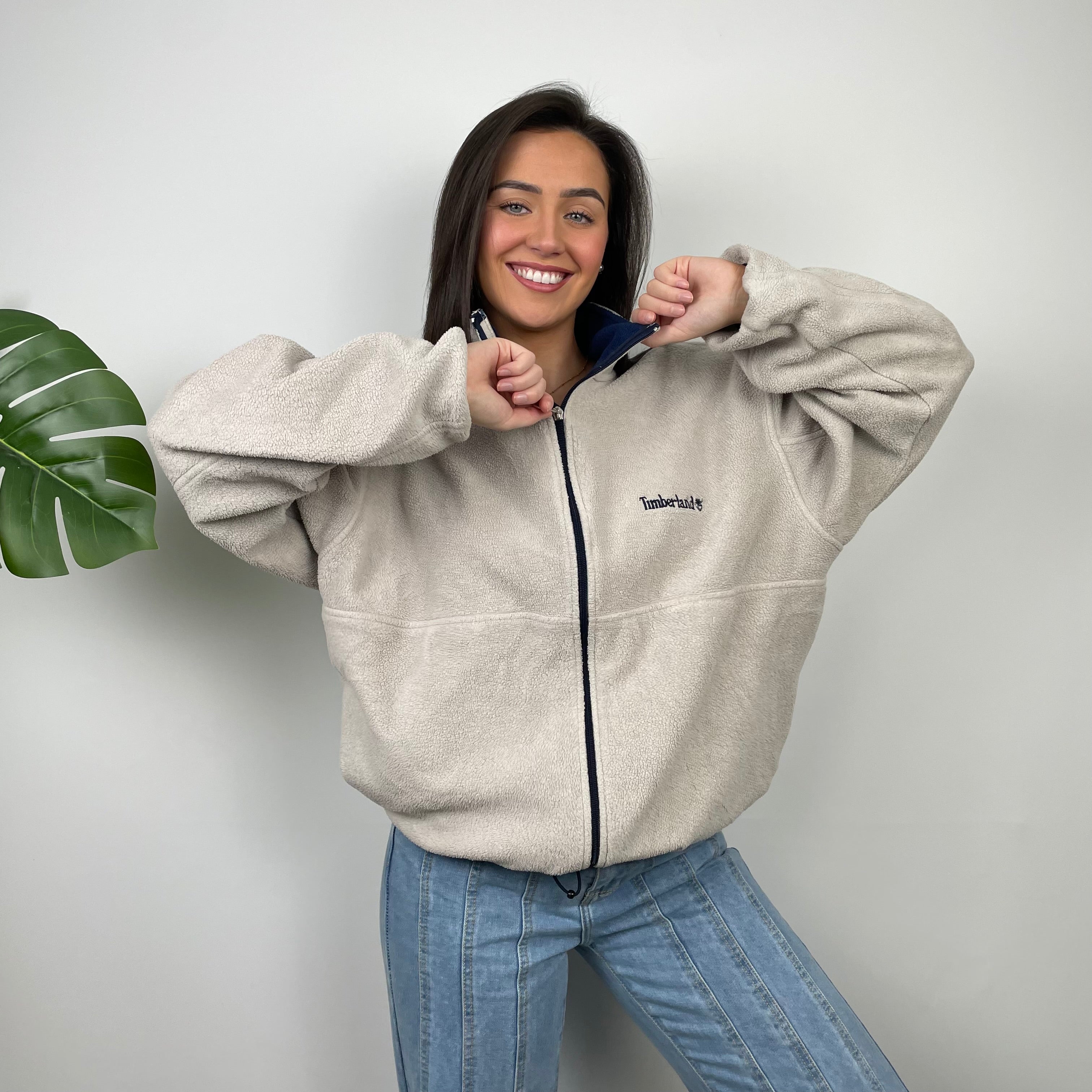 Timberland RARE Cream Embroidered Spell Out Logo Teddy Bear Fleece Zip Up Jacket (L)