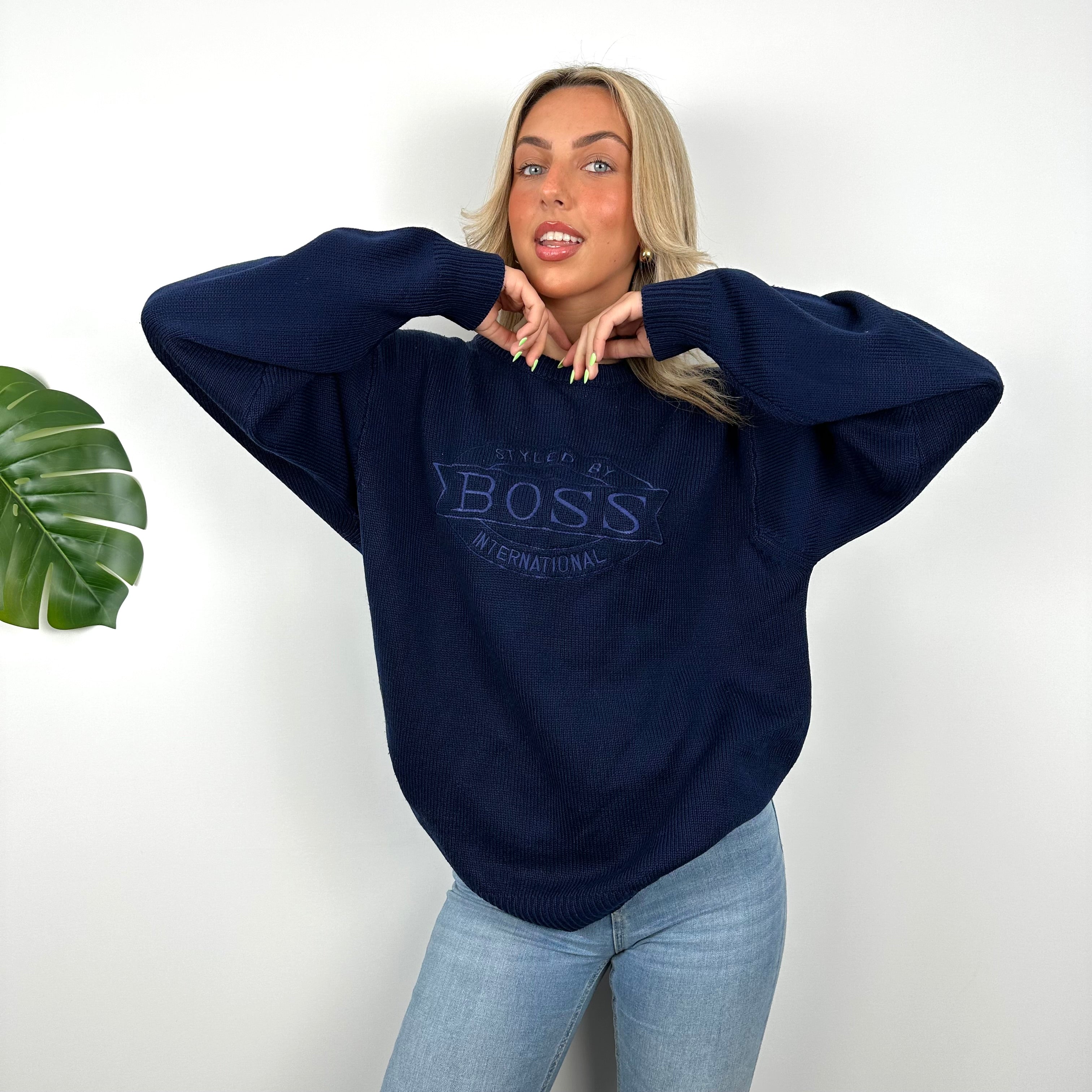 Hugo Boss Navy Embroidered Spell Out Knitted Sweater (M)