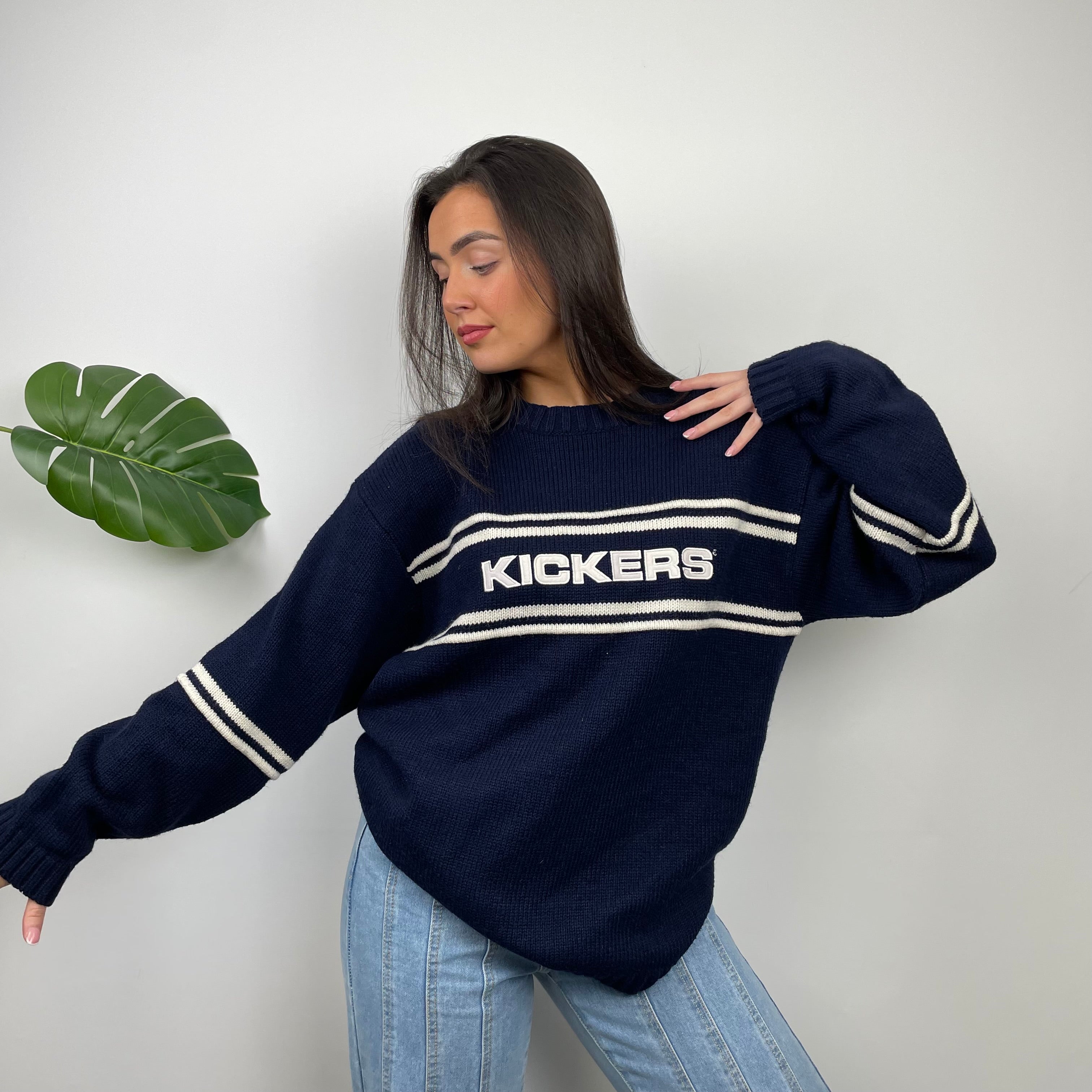 Kickers RARE Navy & Cream Embroidered Spell Out Knitted Sweater (L)